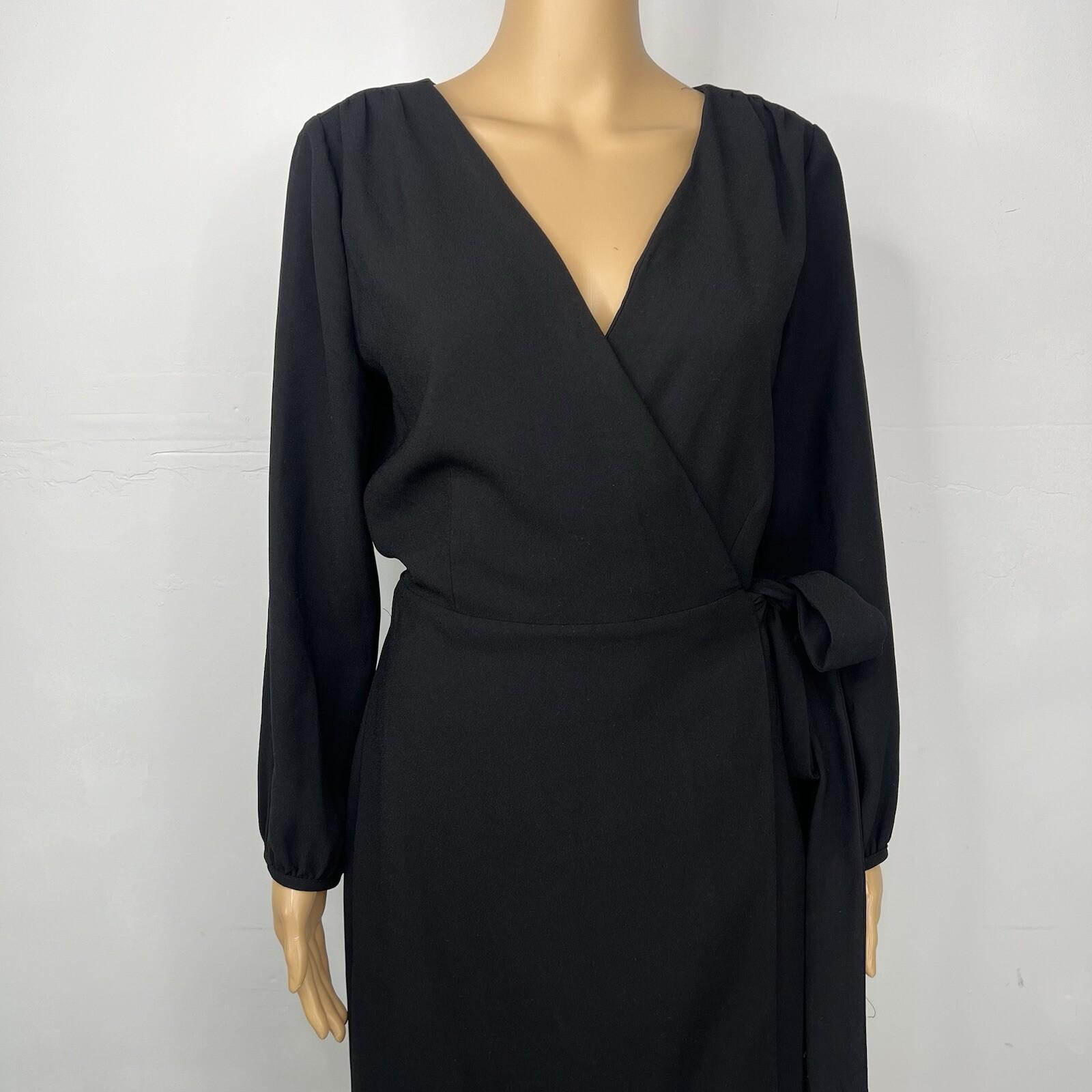J Crew Polyester Wrap Dress 6T Black Belted Balloon Sleeve Minimalist V Neck