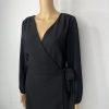 J Crew Polyester Wrap Dress 6T Black Belted Balloon Sleeve Minimalist V Neck