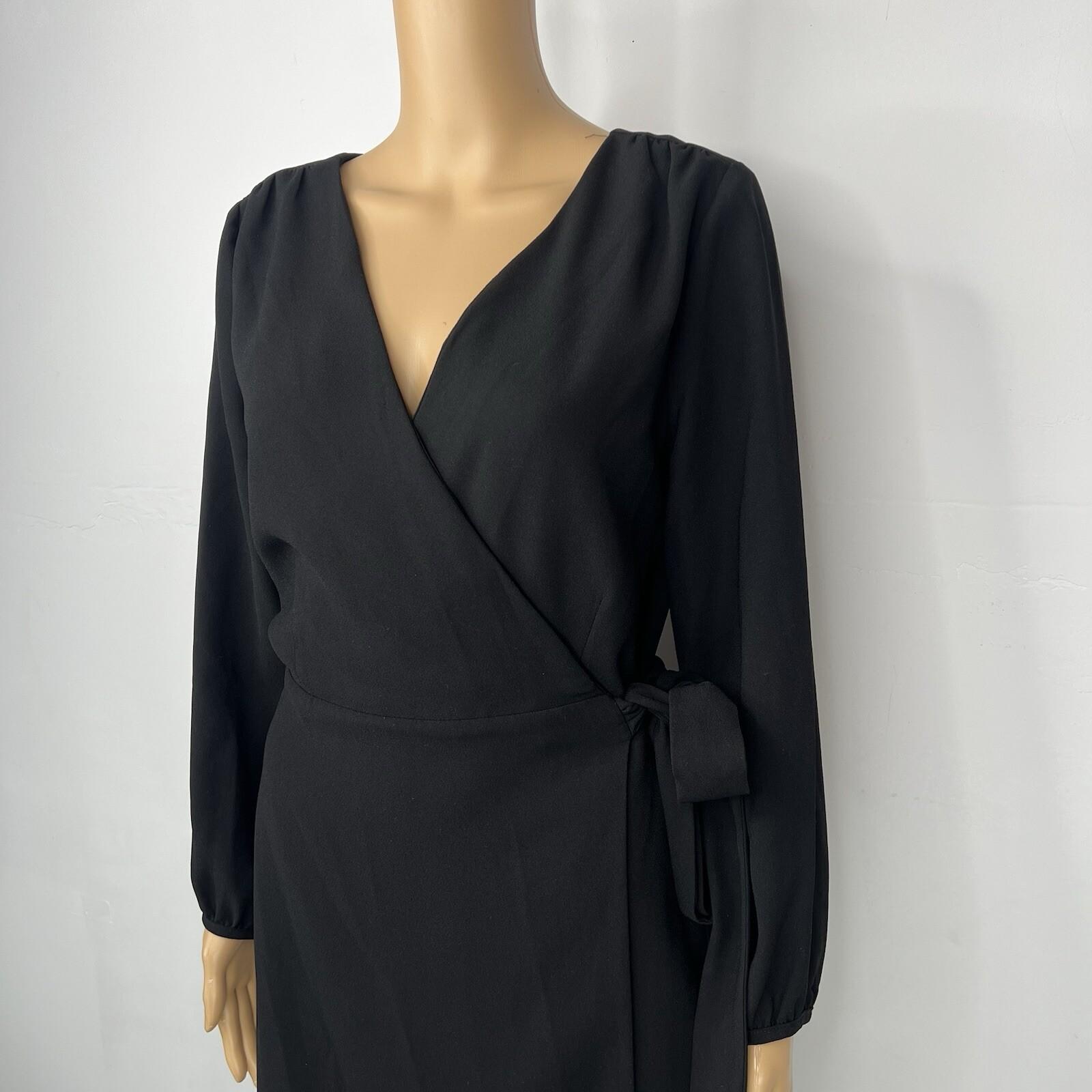 J Crew Polyester Wrap Dress 6T Black Belted Balloon Sleeve Minimalist V Neck