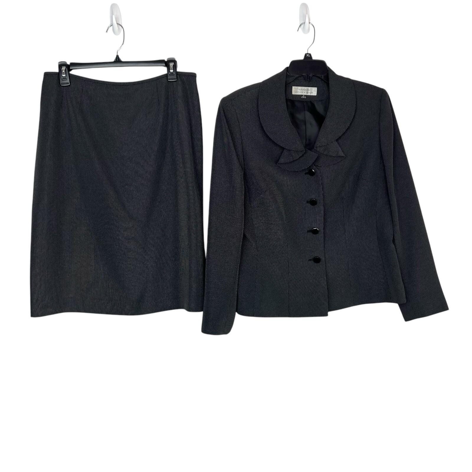 Tahari ASL Polyester Polyester Rayon Skirt Suit 12 Black Lined Ruffle Collar 2PC