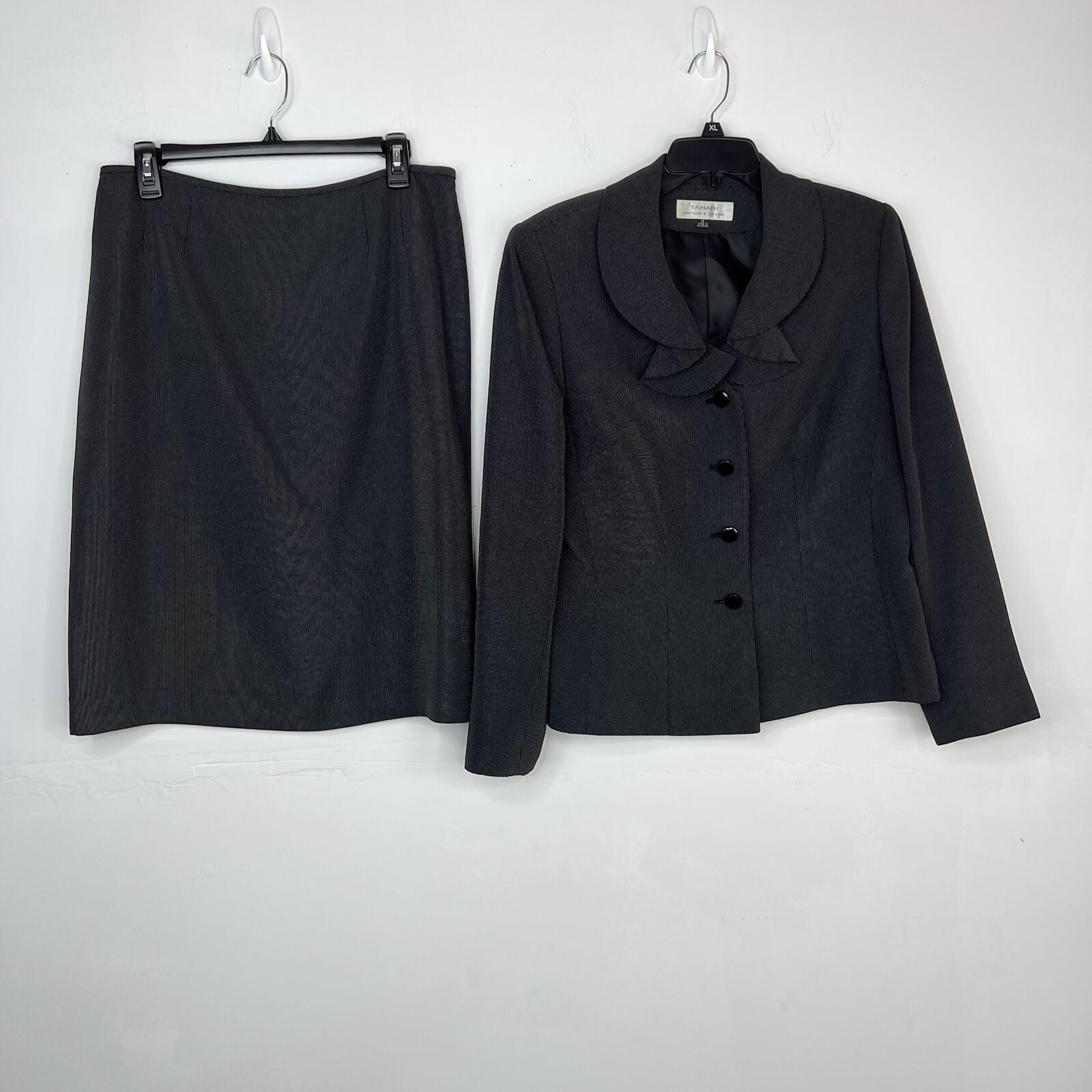 Tahari ASL Polyester Polyester Rayon Skirt Suit 12 Black Lined Ruffle Collar 2PC