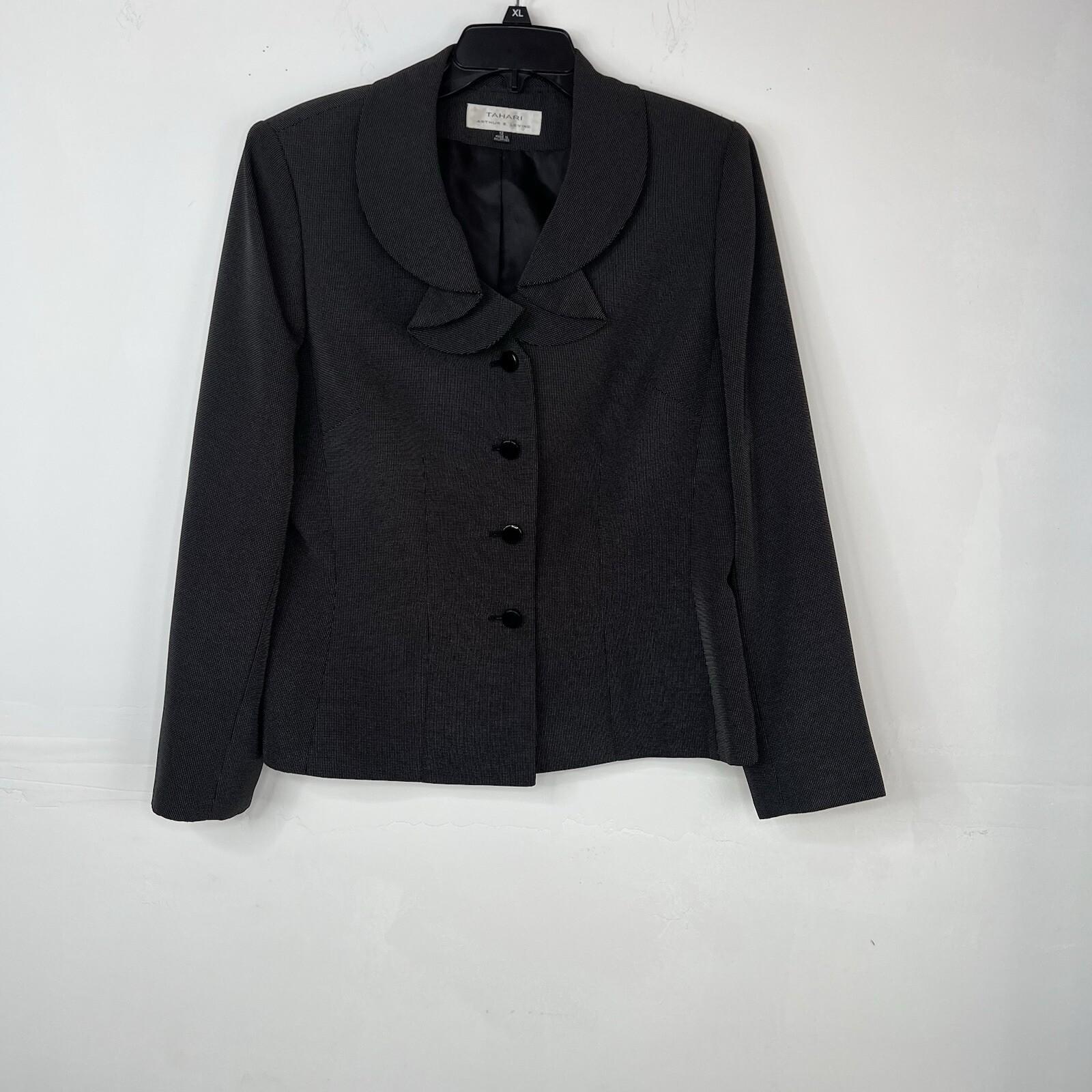 Tahari ASL Polyester Polyester Rayon Skirt Suit 12 Black Lined Ruffle Collar 2PC