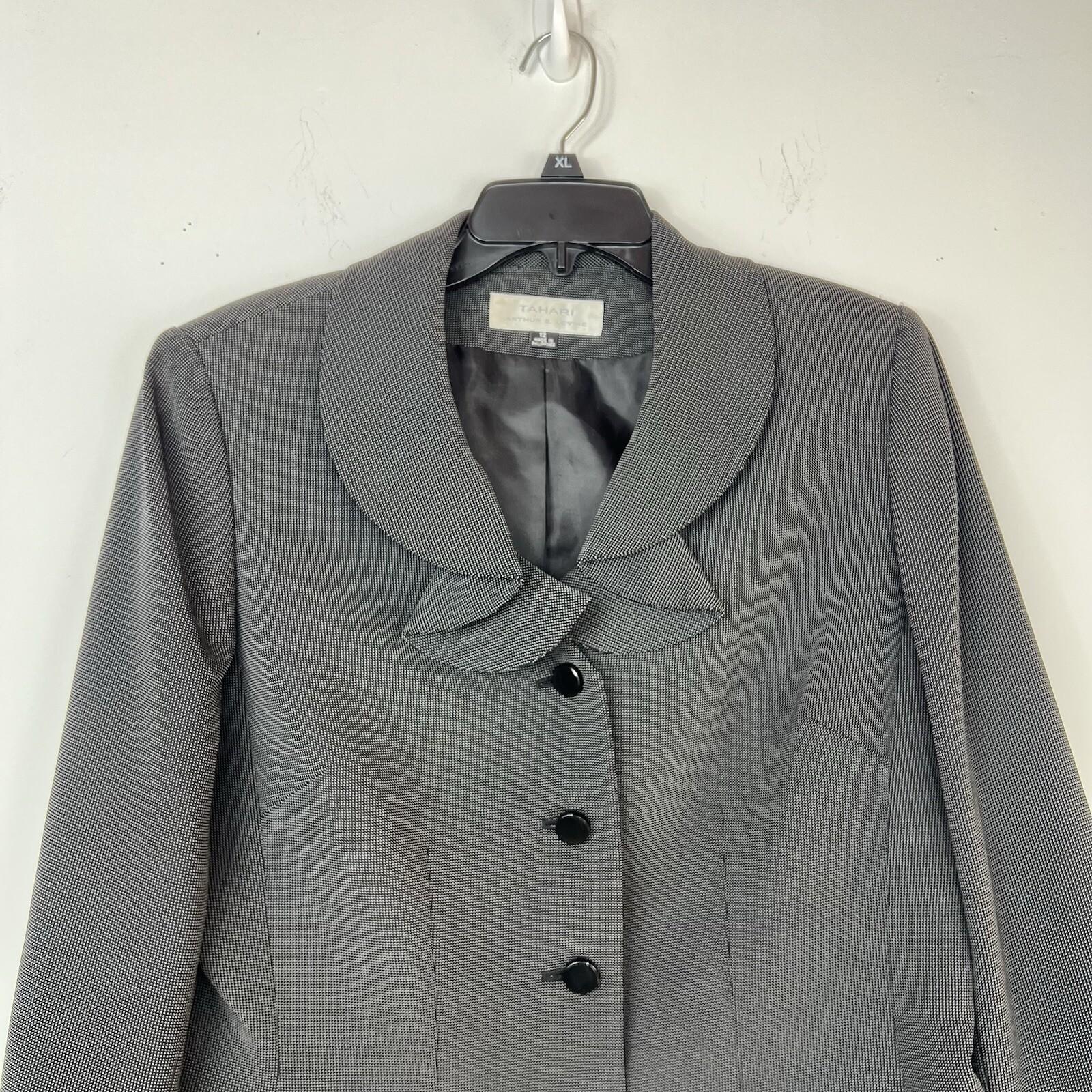 Tahari ASL Polyester Polyester Rayon Skirt Suit 12 Black Lined Ruffle Collar 2PC