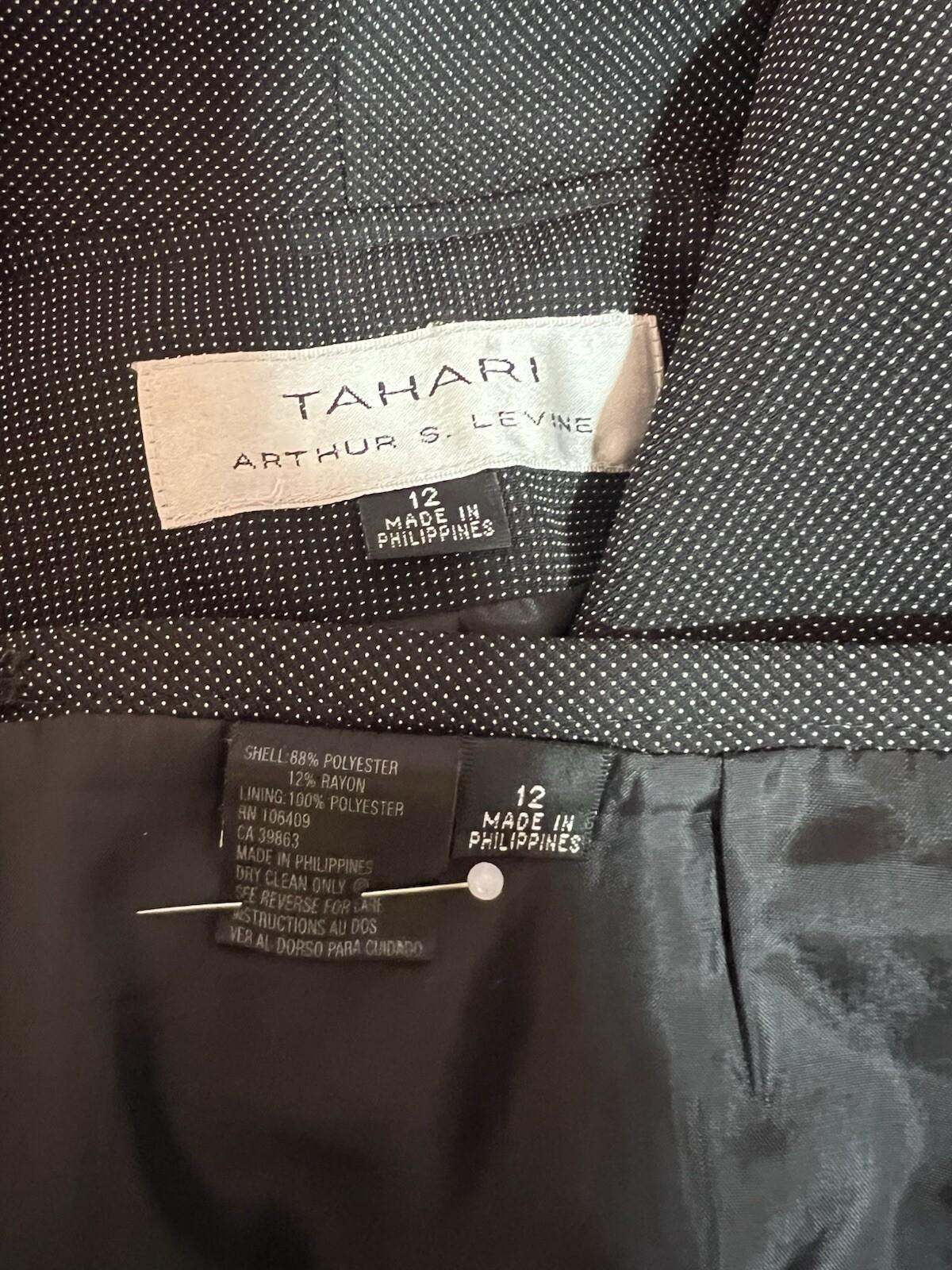 Tahari ASL Polyester Polyester Rayon Skirt Suit 12 Black Lined Ruffle Collar 2PC