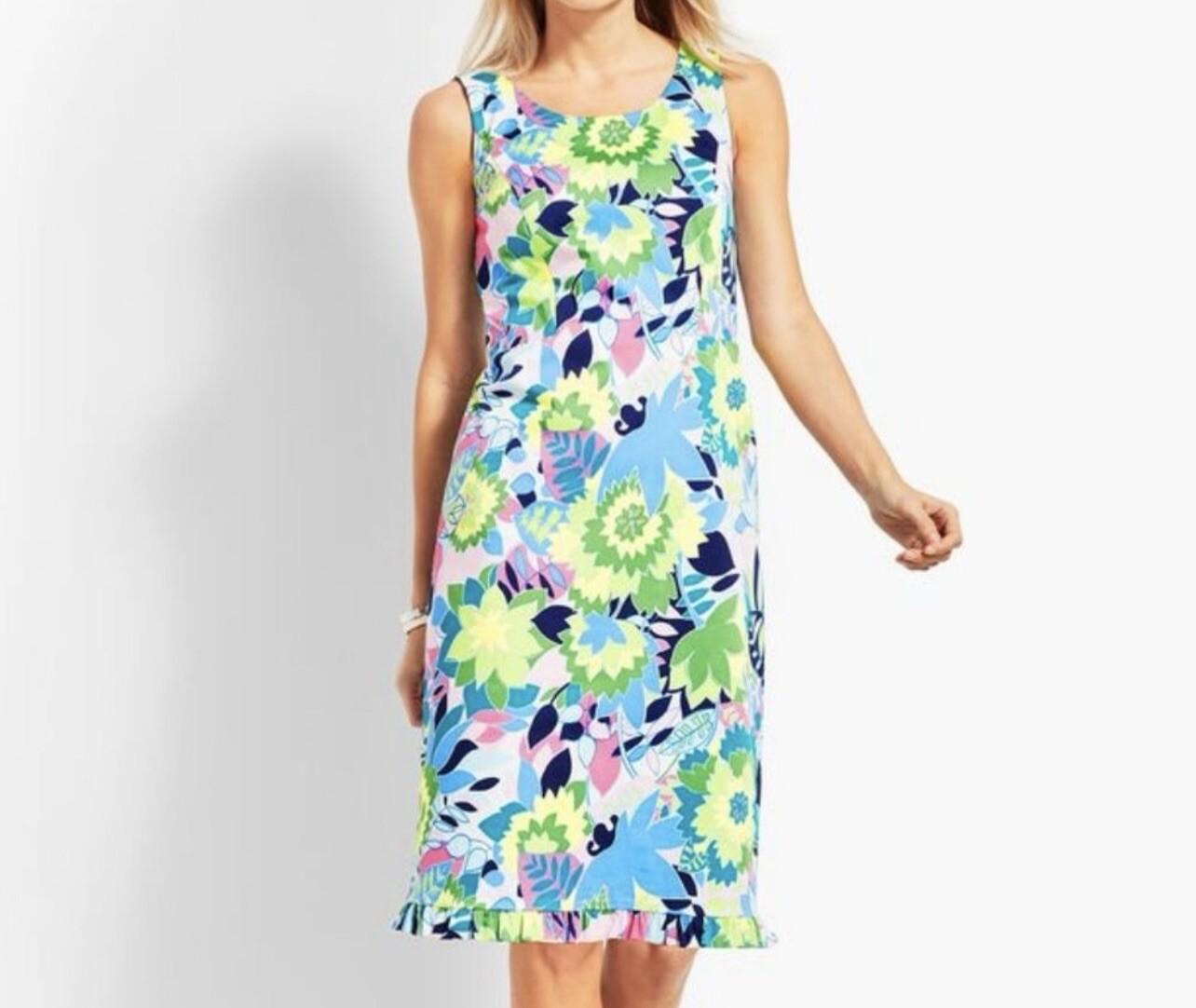 Talbots Cotton Spandex Dress Size 14 sleeveless shift Flounce Hem Floral Print