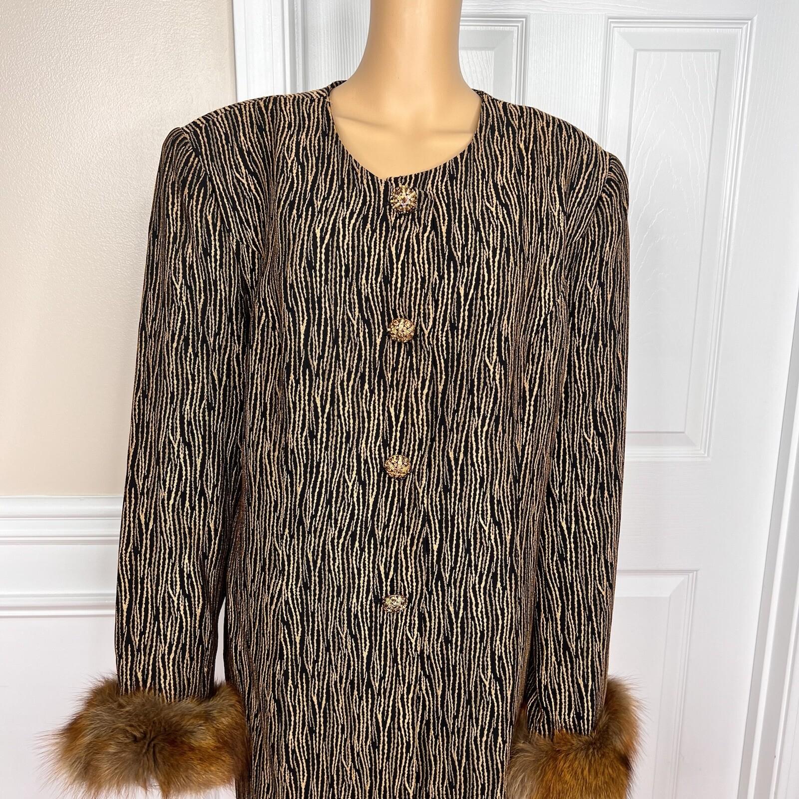 CLARA CLARA 1PC Gold Black Polyester Faux Fur Lined Collarless Blazer Size 20