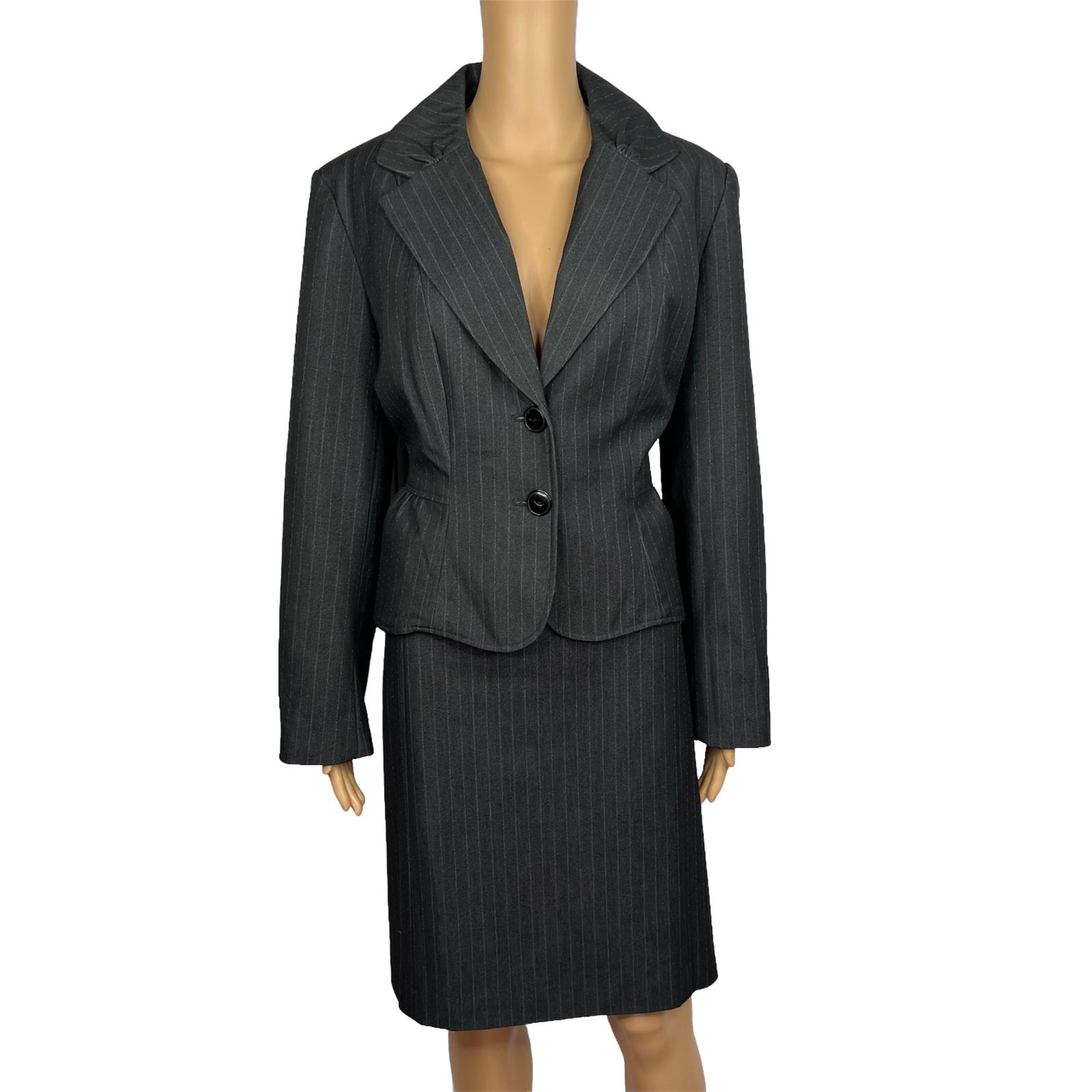 Sharagano 2PC Charcoal Striped Polyester Rayon Stretch Lined Skirt Suit Size 14