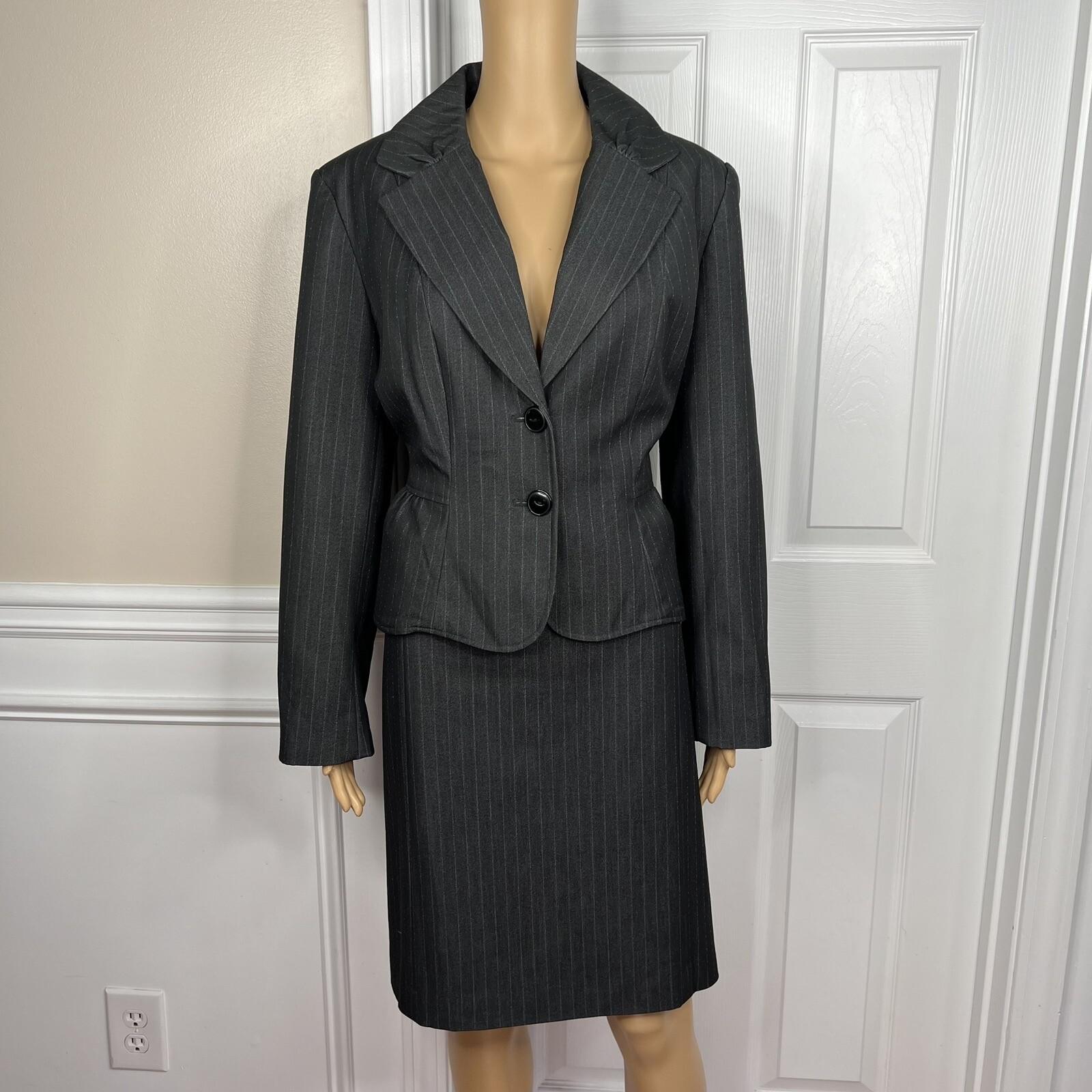 Sharagano 2PC Charcoal Striped Polyester Rayon Stretch Lined Skirt Suit Size 14