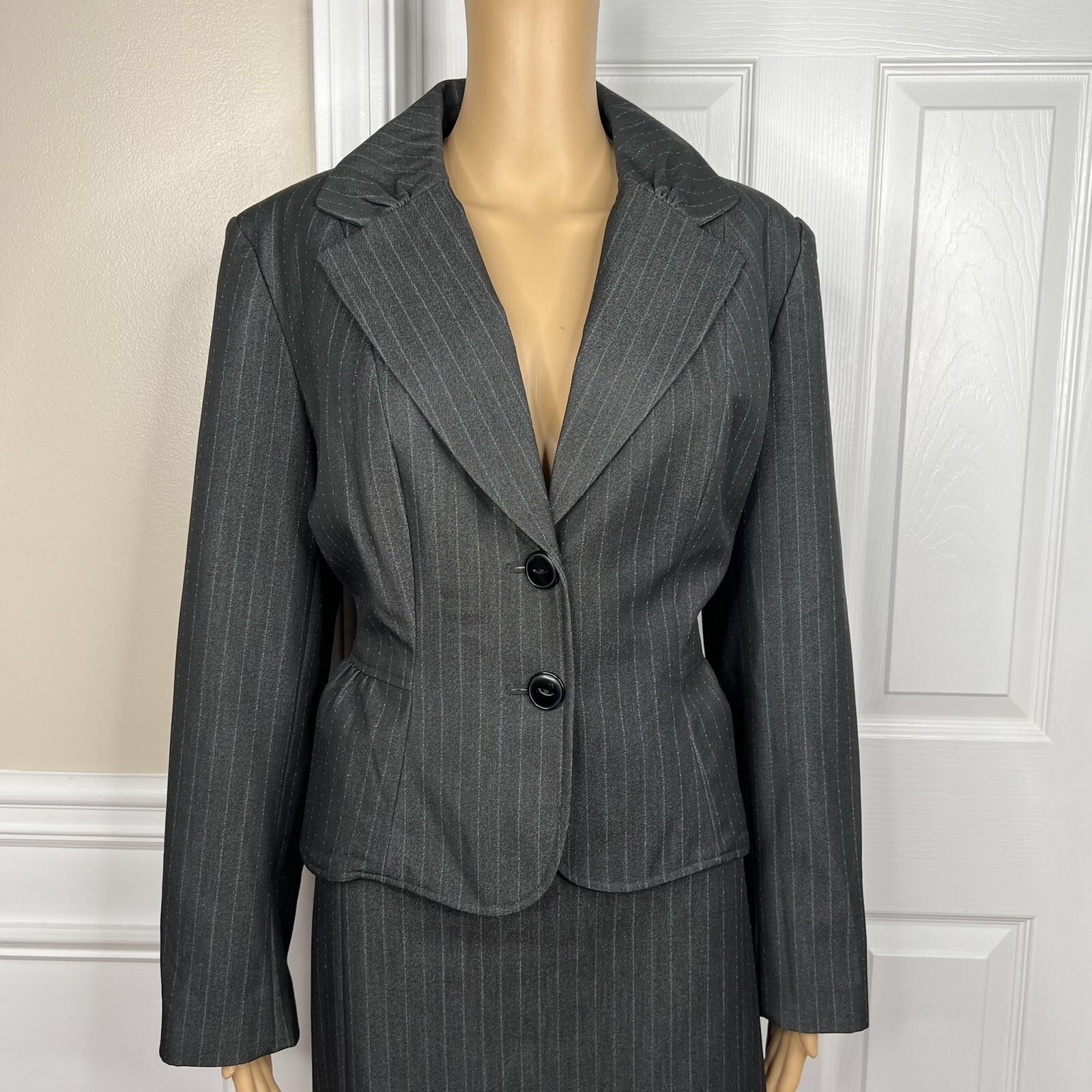 Sharagano 2PC Charcoal Striped Polyester Rayon Stretch Lined Skirt Suit Size 14