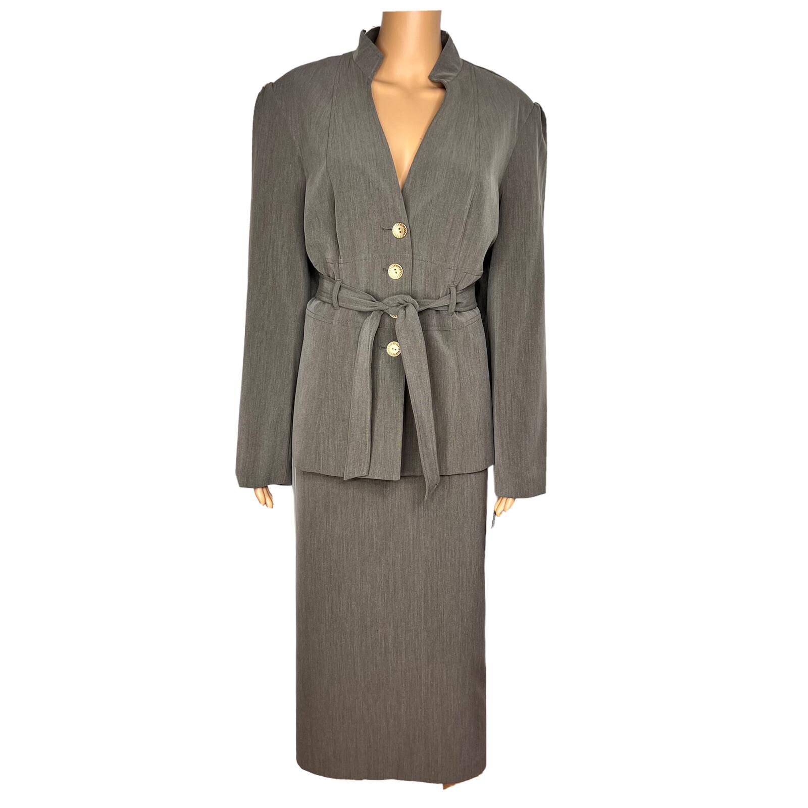 New LARRY LEVINE 2PC Army Green Polyester Rayon Spandex Belted Skirt Suit SZ 18