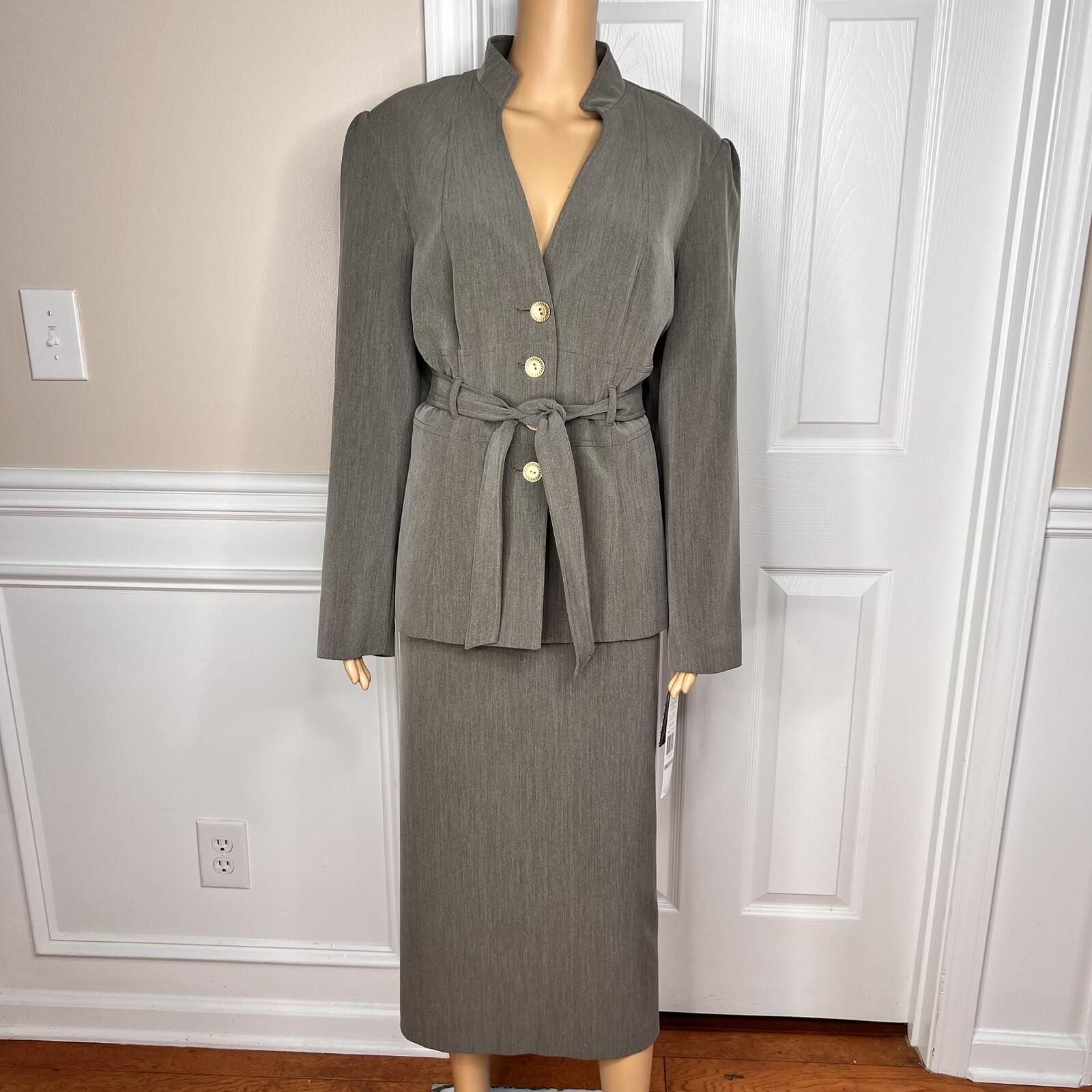 New LARRY LEVINE 2PC Army Green Polyester Rayon Spandex Belted Skirt Suit SZ 18