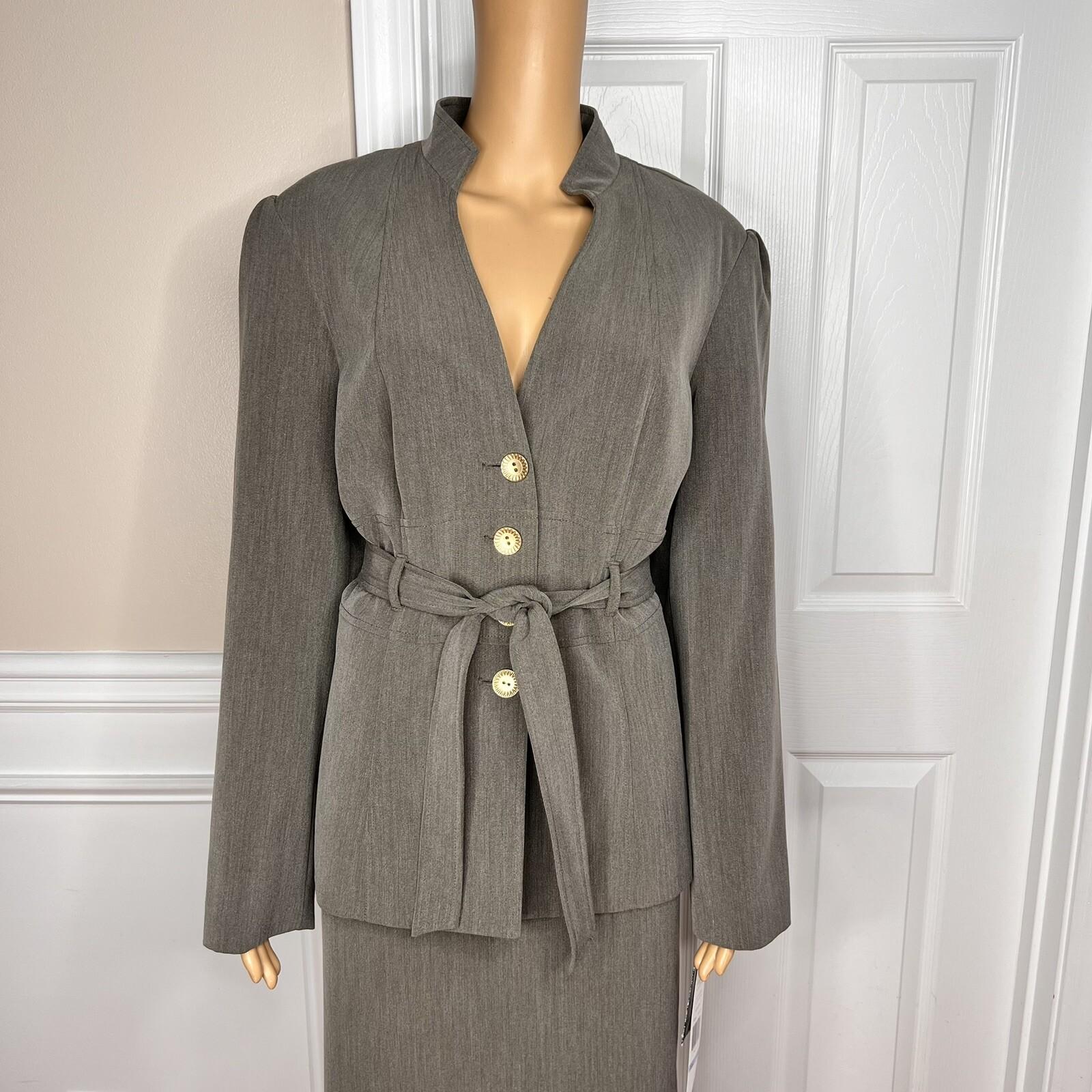 New LARRY LEVINE 2PC Army Green Polyester Rayon Spandex Belted Skirt Suit SZ 18