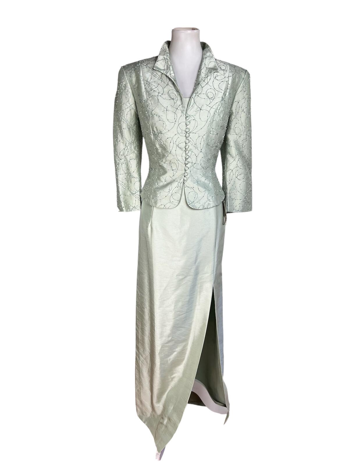 CACHET Vtg 2PC Mint Green Beaded Polyester Stand Up Collar Dress Suit Size 10