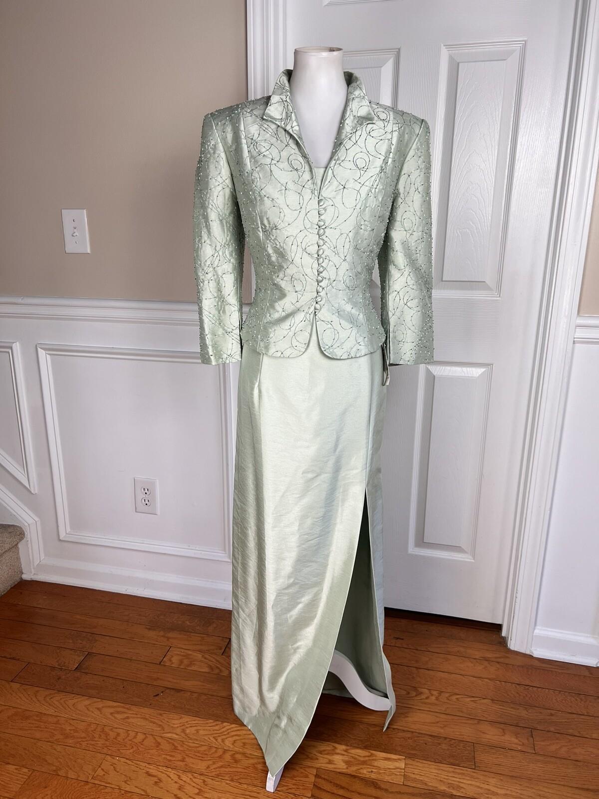 CACHET Vtg 2PC Mint Green Beaded Polyester Stand Up Collar Dress Suit Size 10