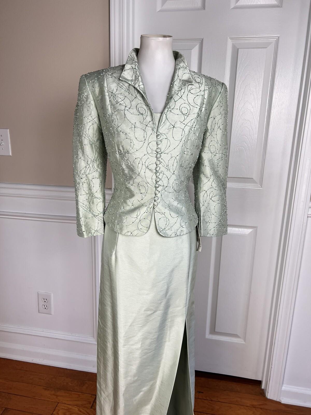 CACHET Vtg 2PC Mint Green Beaded Polyester Stand Up Collar Dress Suit Size 10
