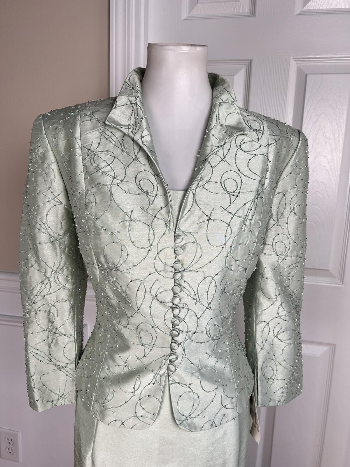CACHET Vtg 2PC Mint Green Beaded Polyester Stand Up Collar Dress Suit Size 10