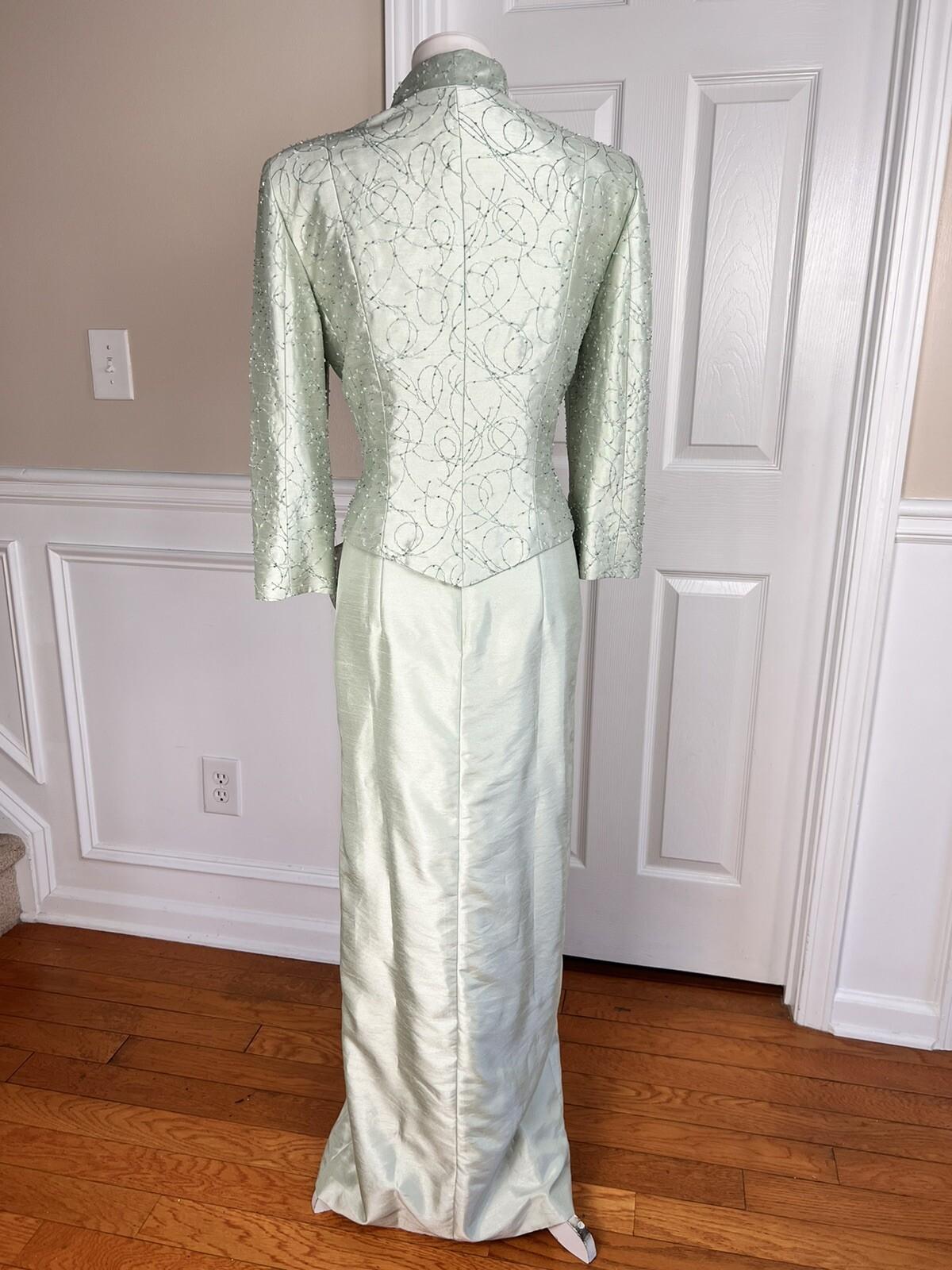 CACHET Vtg 2PC Mint Green Beaded Polyester Stand Up Collar Dress Suit Size 10