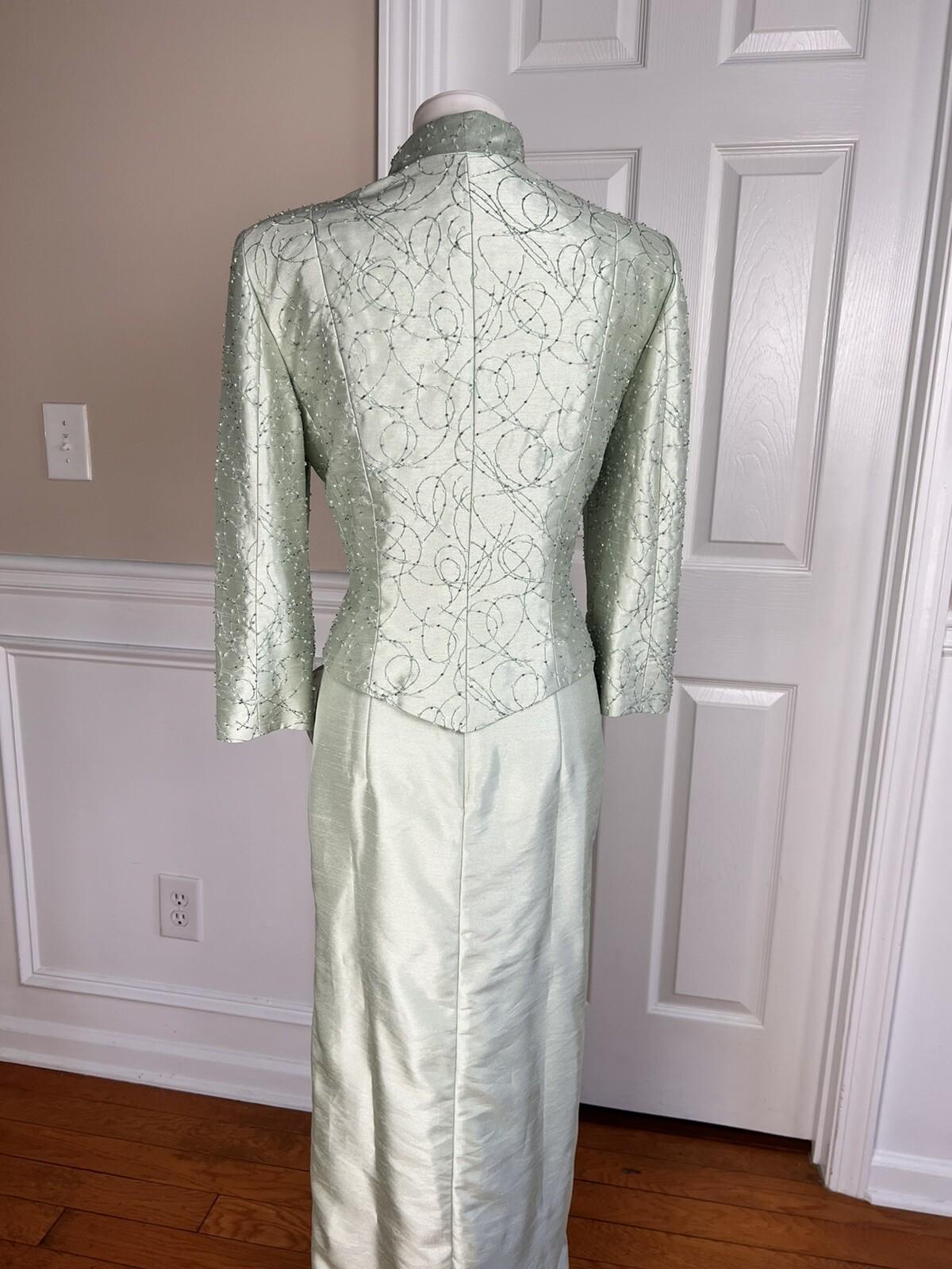 CACHET Vtg 2PC Mint Green Beaded Polyester Stand Up Collar Dress Suit Size 10