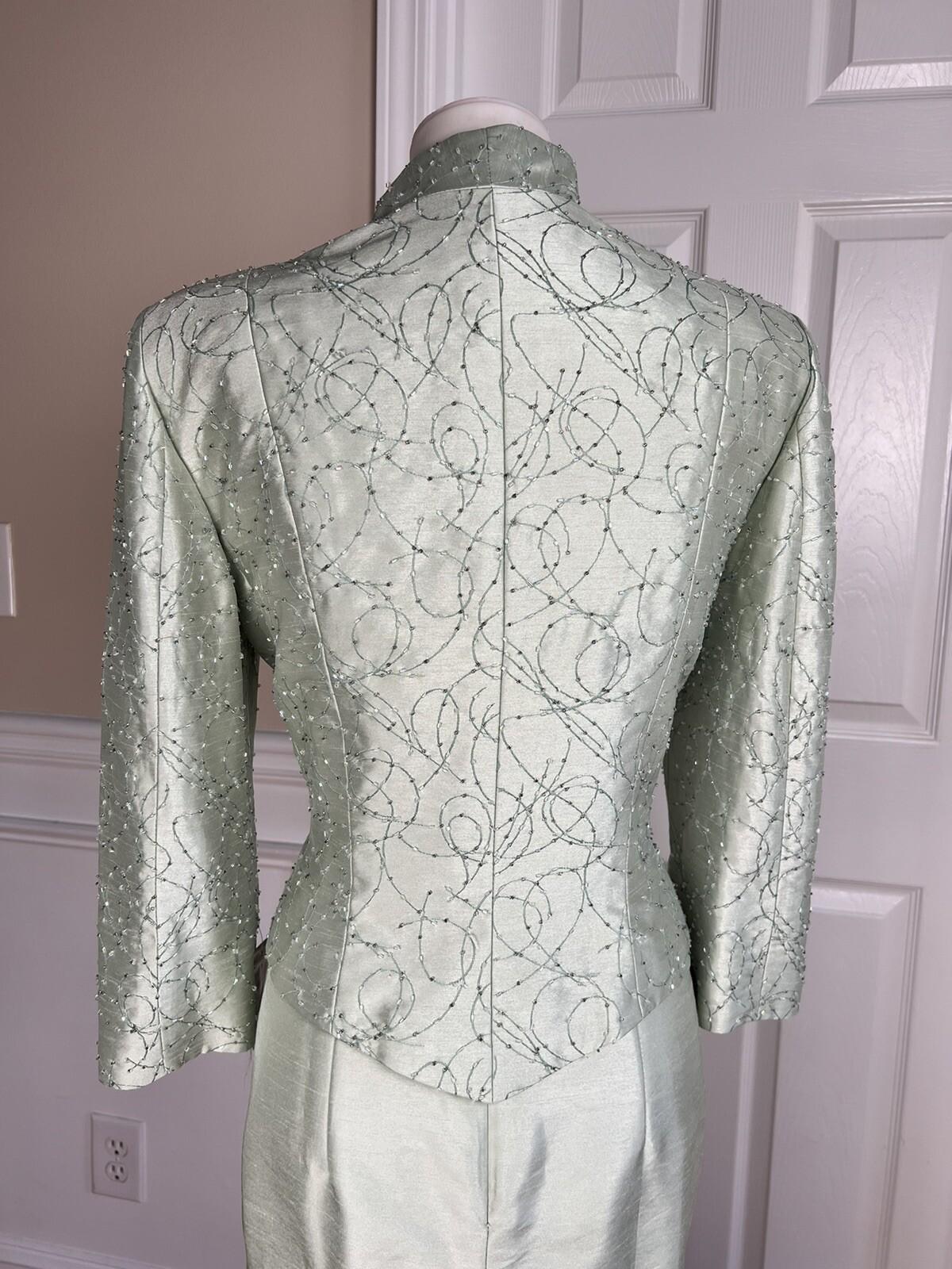 CACHET Vtg 2PC Mint Green Beaded Polyester Stand Up Collar Dress Suit Size 10