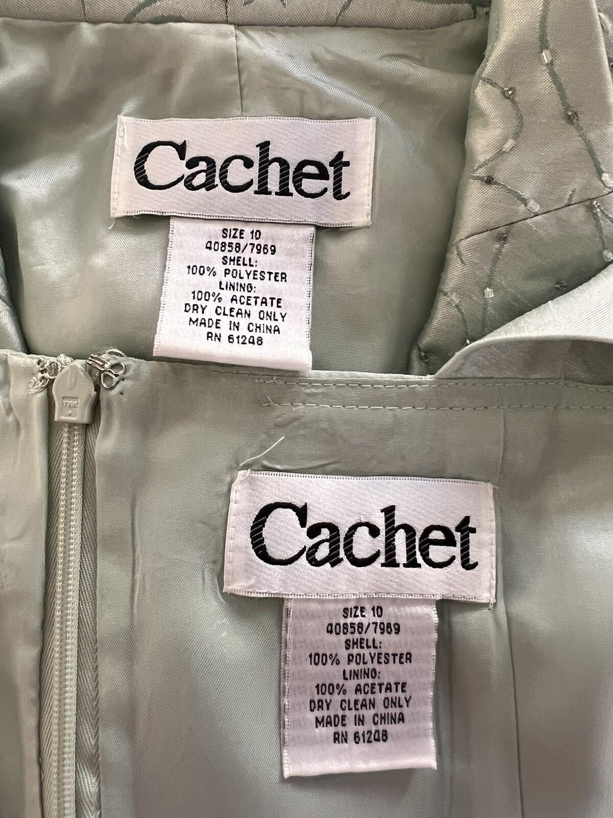 CACHET Vtg 2PC Mint Green Beaded Polyester Stand Up Collar Dress Suit Size 10