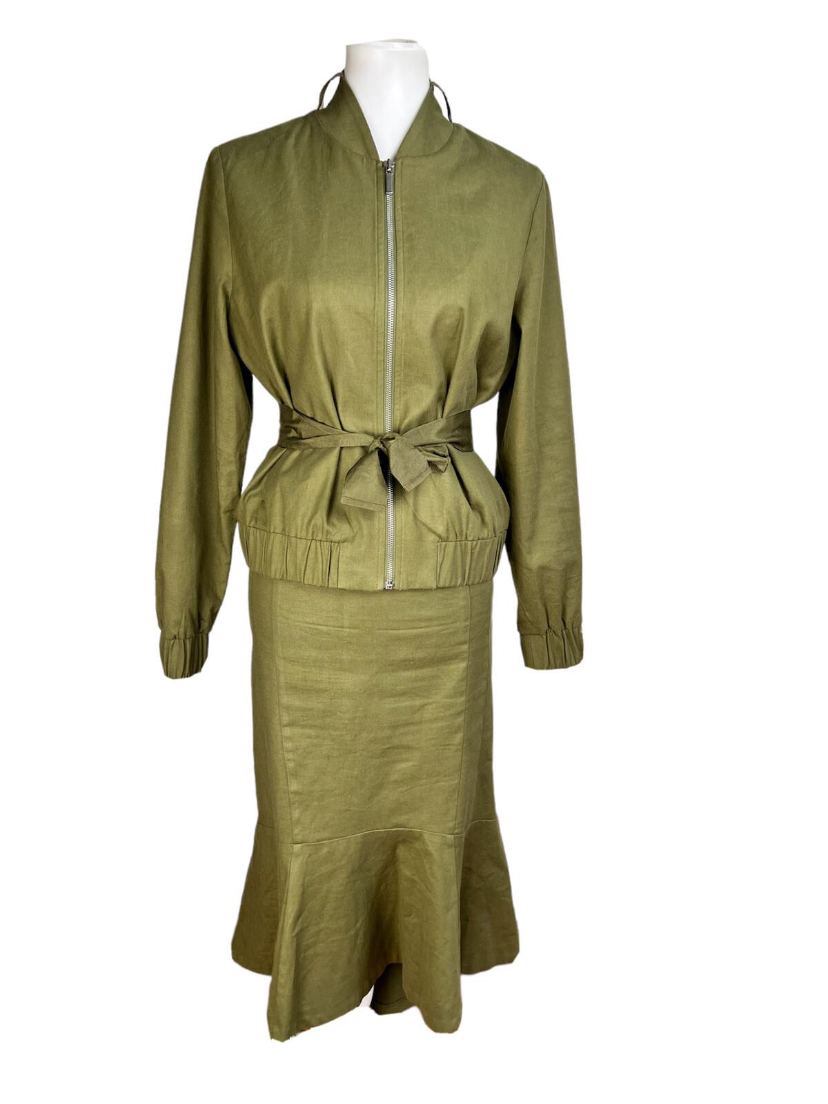 Ne York & Company 7th Av Cotton Blend Skirt 10 Suit M Green High Low Zip Up Belt
