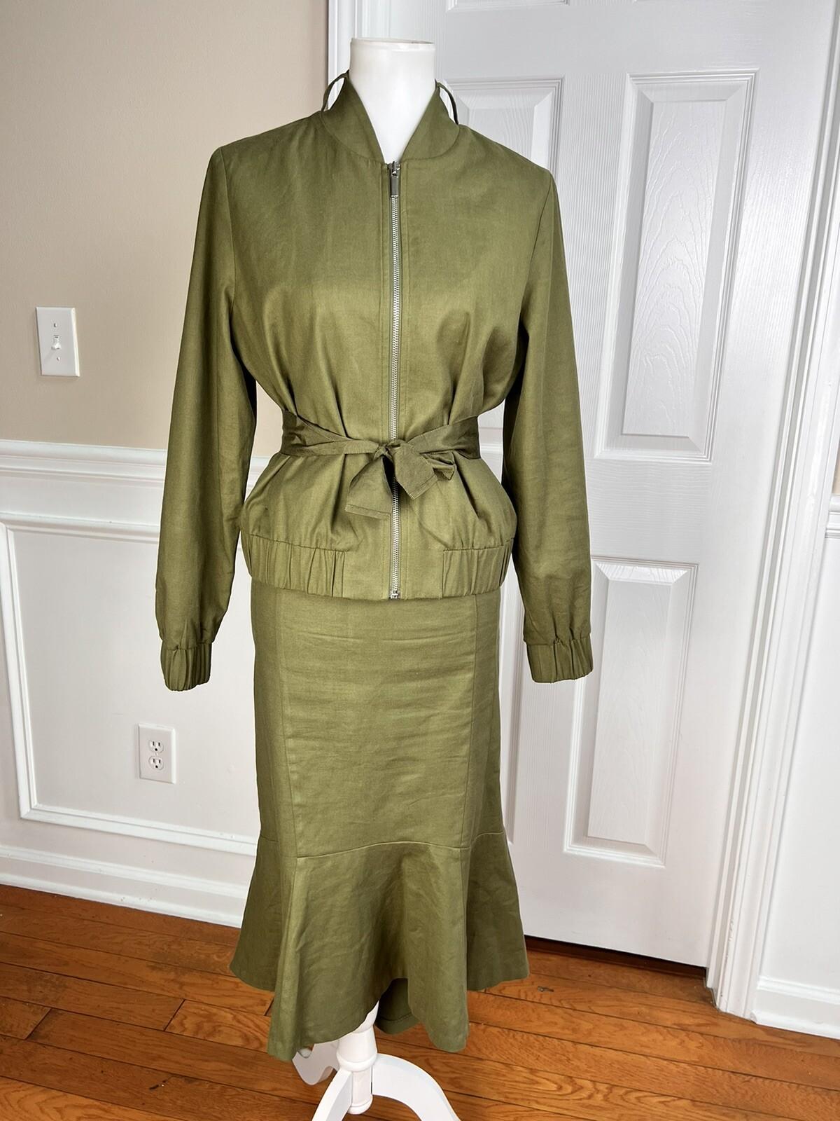 Ne York & Company 7th Av Cotton Blend Skirt 10 Suit M Green High Low Zip Up Belt