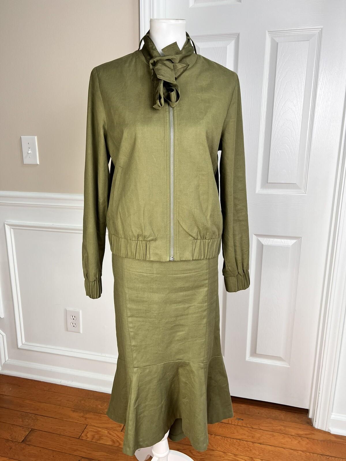 Ne York & Company 7th Av Cotton Blend Skirt 10 Suit M Green High Low Zip Up Belt
