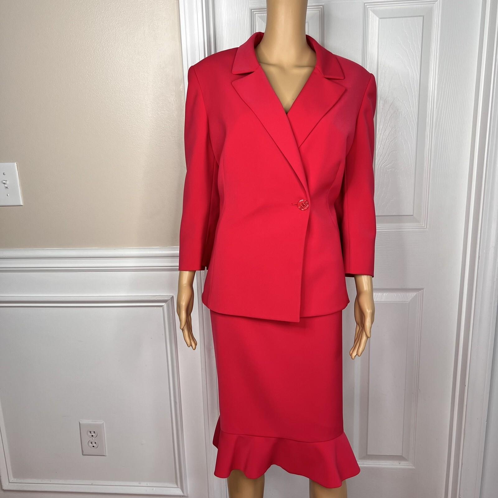 Le Suit Polyester Skirt Suit Size 14 Wrap Ruffle 3/4 Sleeves Pink Ruffle 2PC