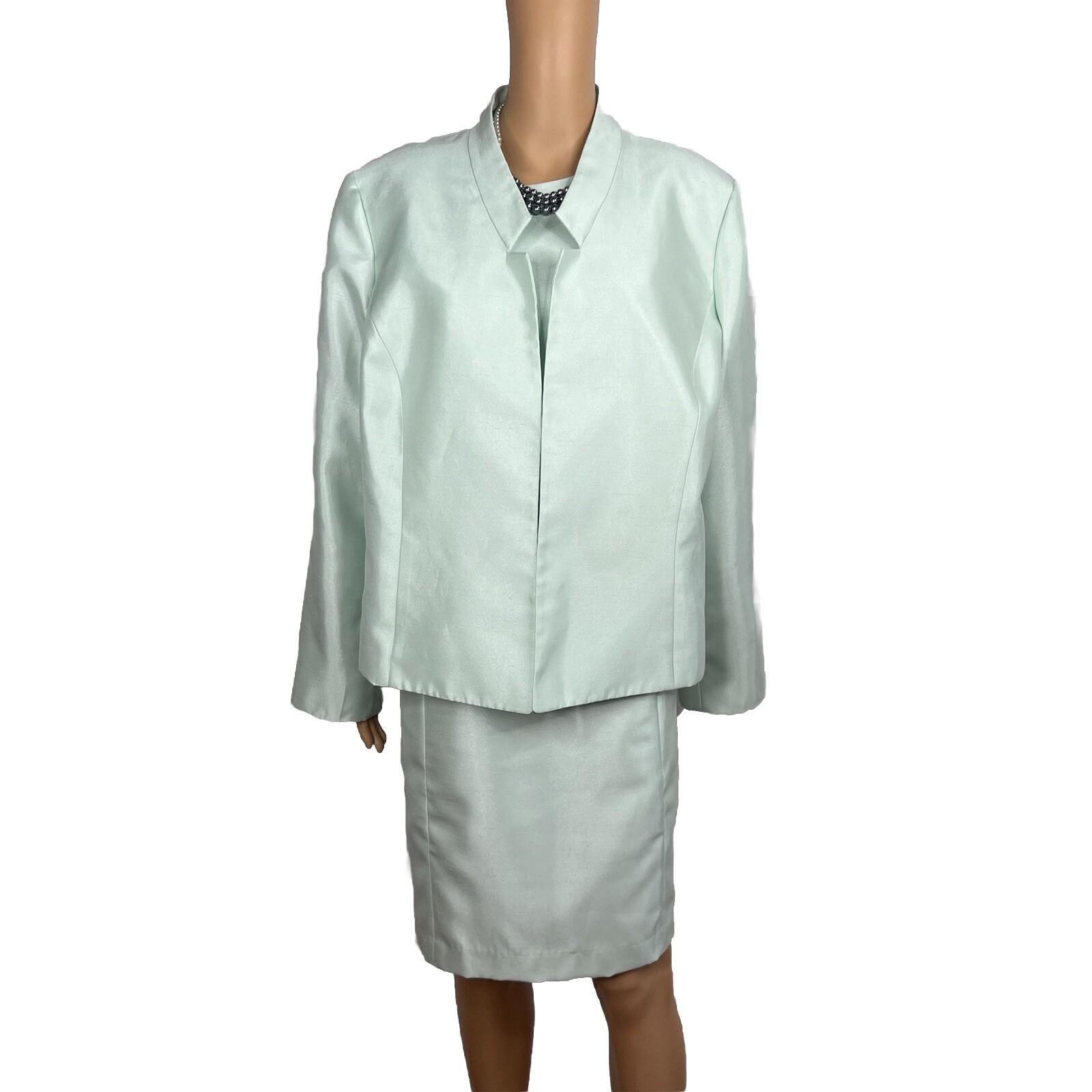 Le Suit Polyester Metallic Dress Suit Size 18W Aquamarine Open Front Lined 2PC