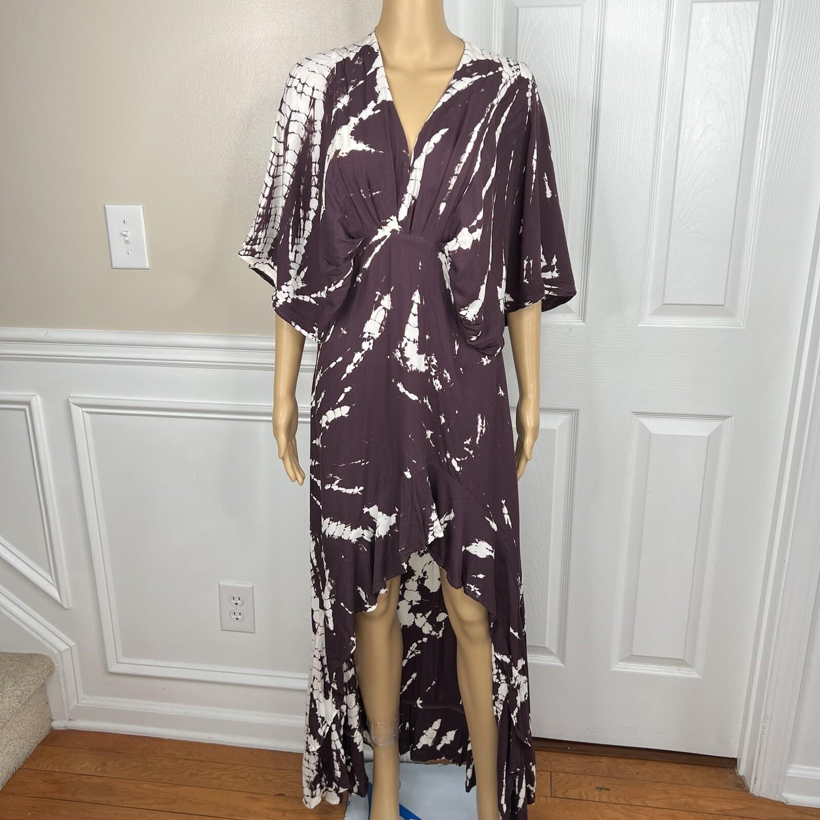 Young Fabulous & Broke Thea Rayon Dress S Raisin Starburst Wash High Low Ruffle