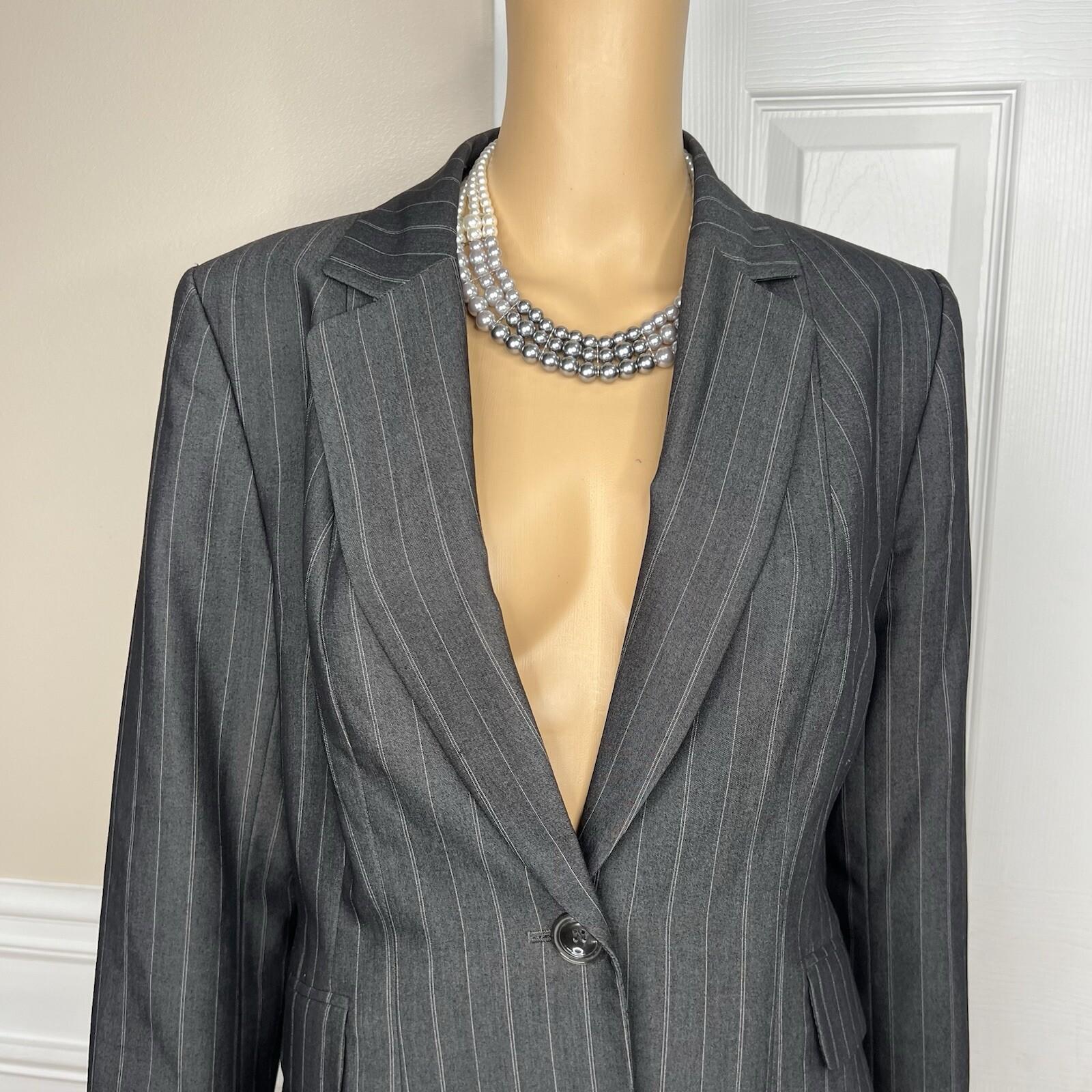 Nine West Polyester Rayon Stretch Pant Suit Size 10 Gray Striped Lined 2PC