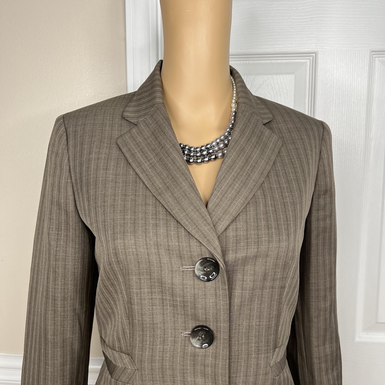 Le Suit Polyester Pant Suit Size 4 Brown Striped Lined Notch Collar Career 2PC