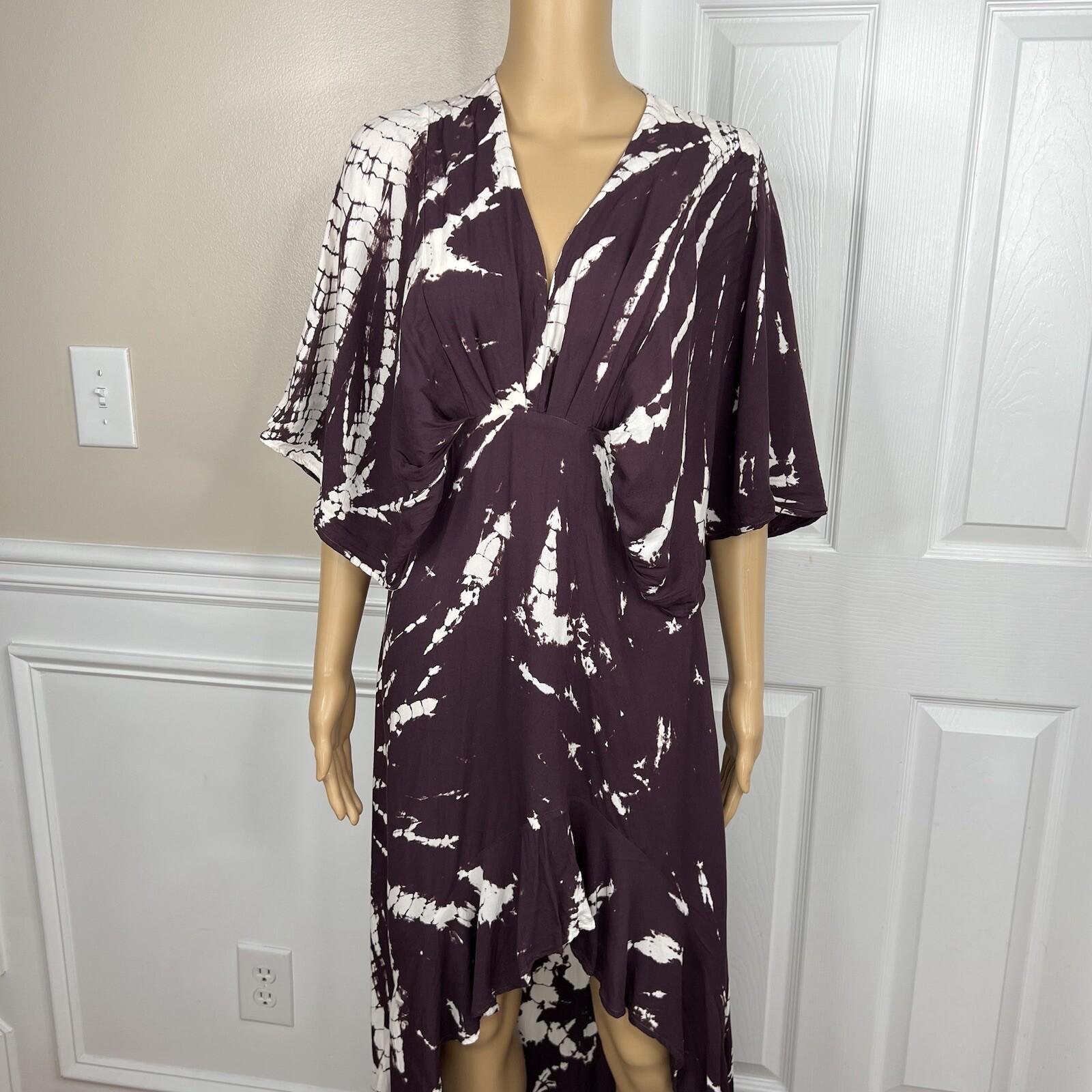 Young Fabulous & Broke Thea Rayon Dress S Raisin Starburst Wash High Low Ruffle