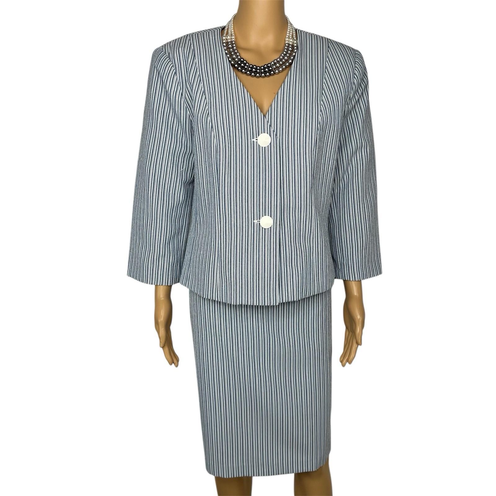 New Isabella Polyester Skirt Suit 14 Blue White Striped Collarless 3/4 Sleeves