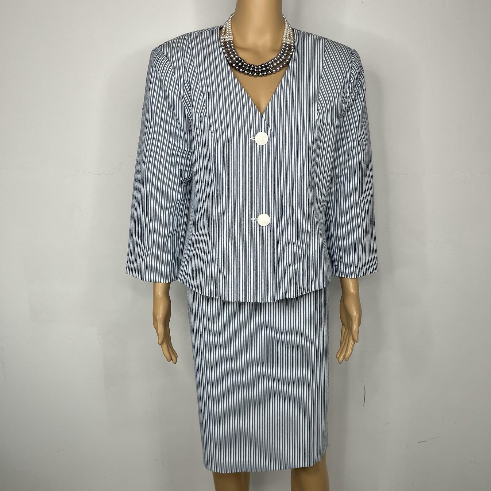 New Isabella Polyester Skirt Suit 14 Blue White Striped Collarless 3/4 Sleeves