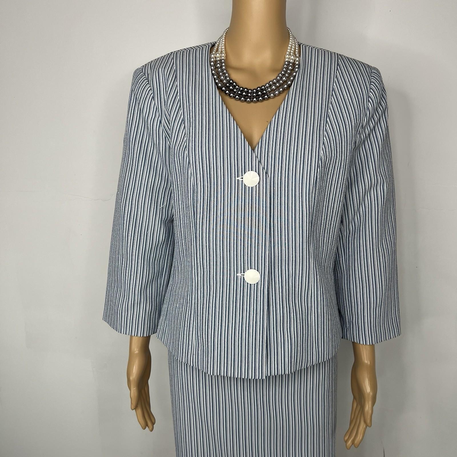 New Isabella Polyester Skirt Suit 14 Blue White Striped Collarless 3/4 Sleeves