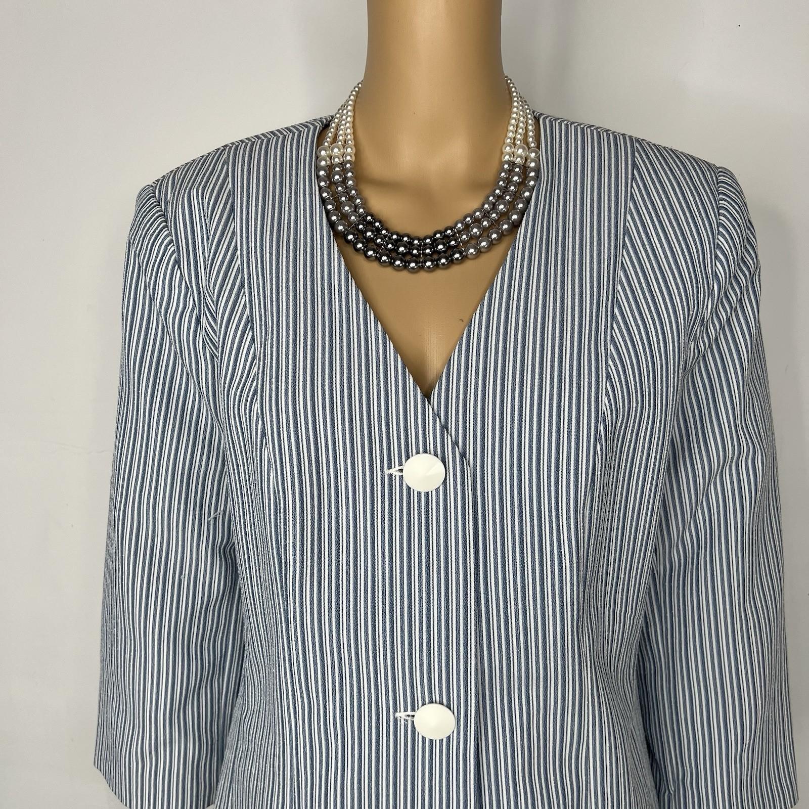 New Isabella Polyester Skirt Suit 14 Blue White Striped Collarless 3/4 Sleeves