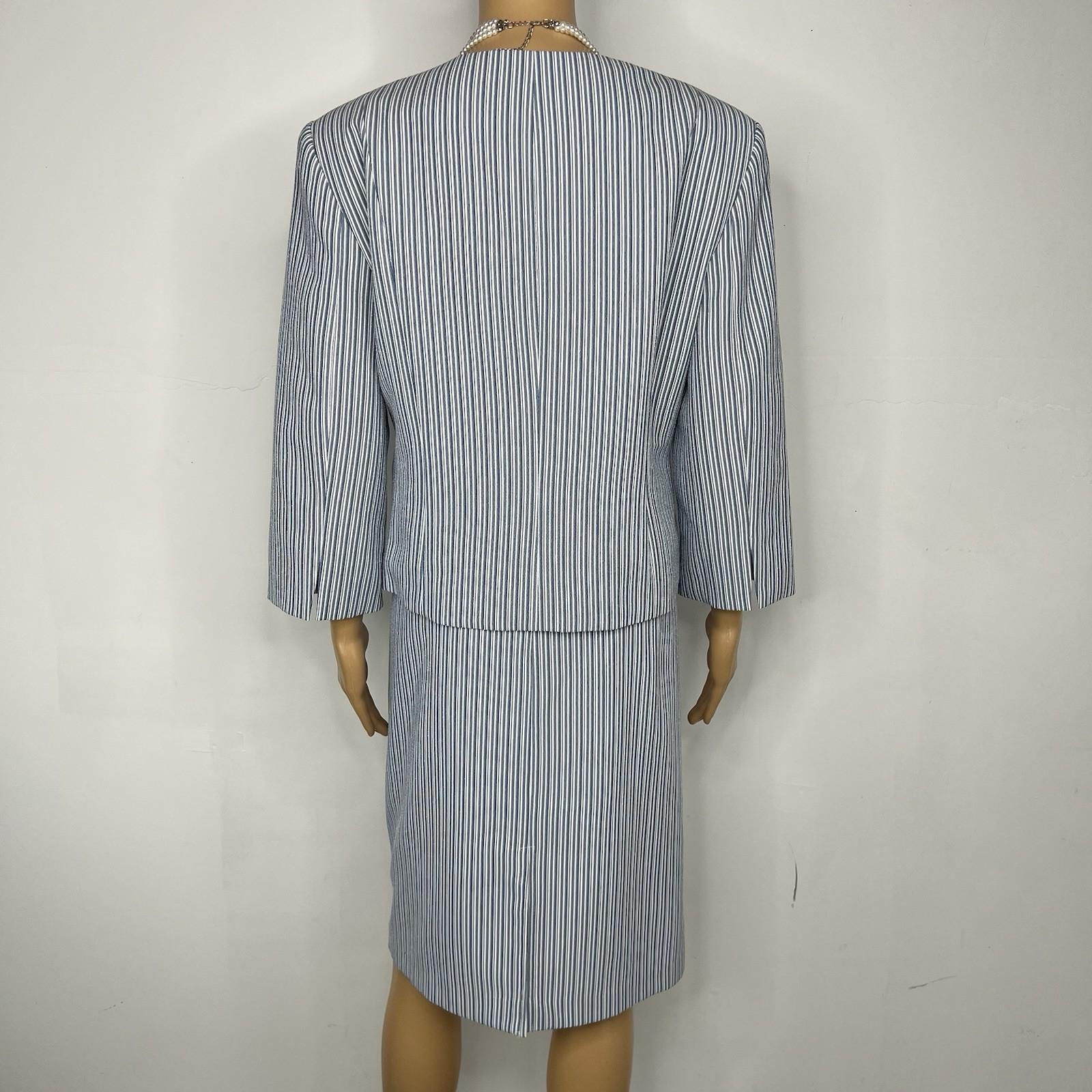 New Isabella Polyester Skirt Suit 14 Blue White Striped Collarless 3/4 Sleeves