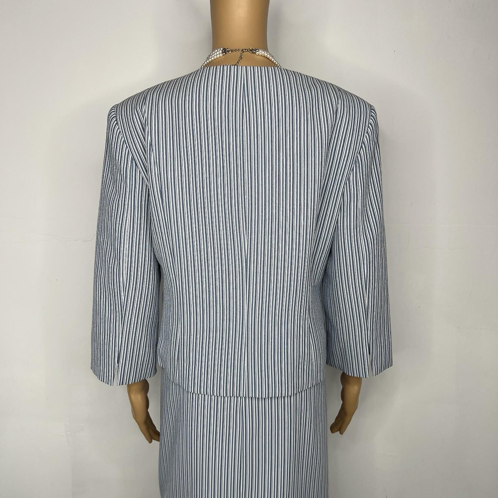 New Isabella Polyester Skirt Suit 14 Blue White Striped Collarless 3/4 Sleeves