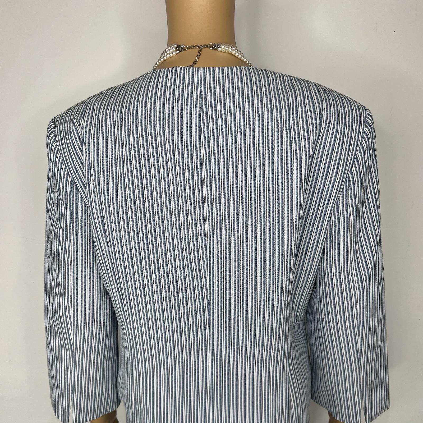 New Isabella Polyester Skirt Suit 14 Blue White Striped Collarless 3/4 Sleeves