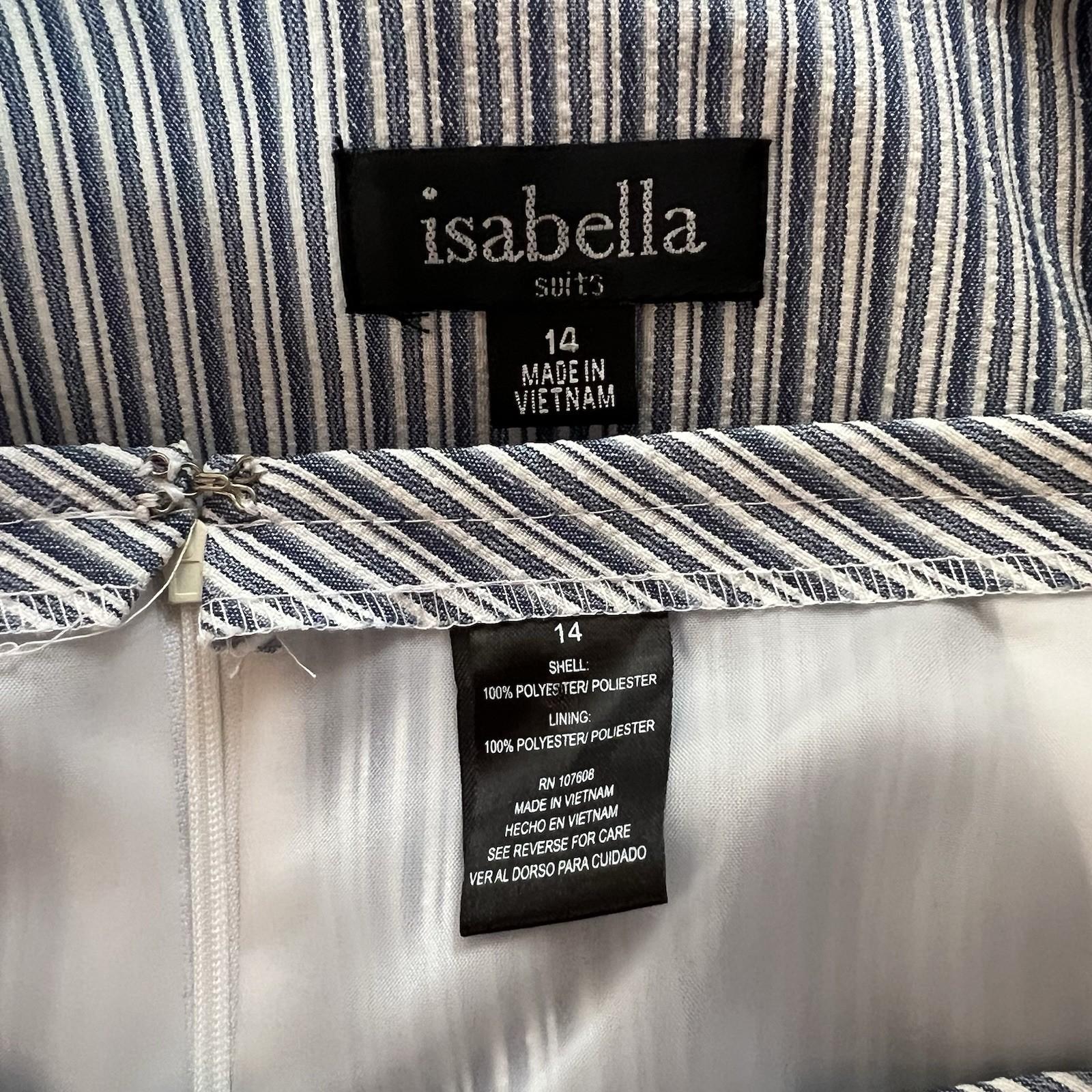 New Isabella Polyester Skirt Suit 14 Blue White Striped Collarless 3/4 Sleeves