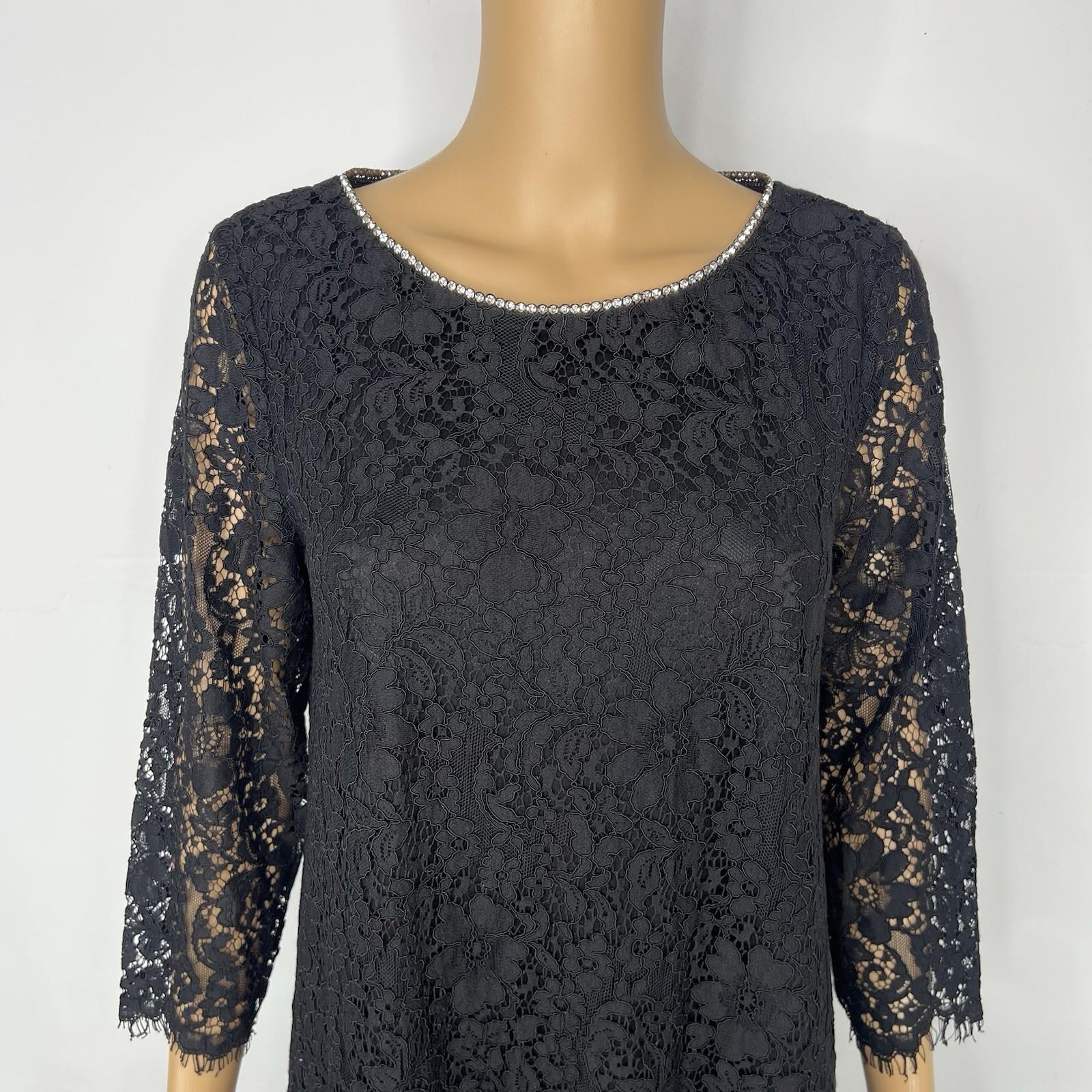 Karl Lagerfeld Paris lace shift Dress Size 6 black relaxed rhinestones bow