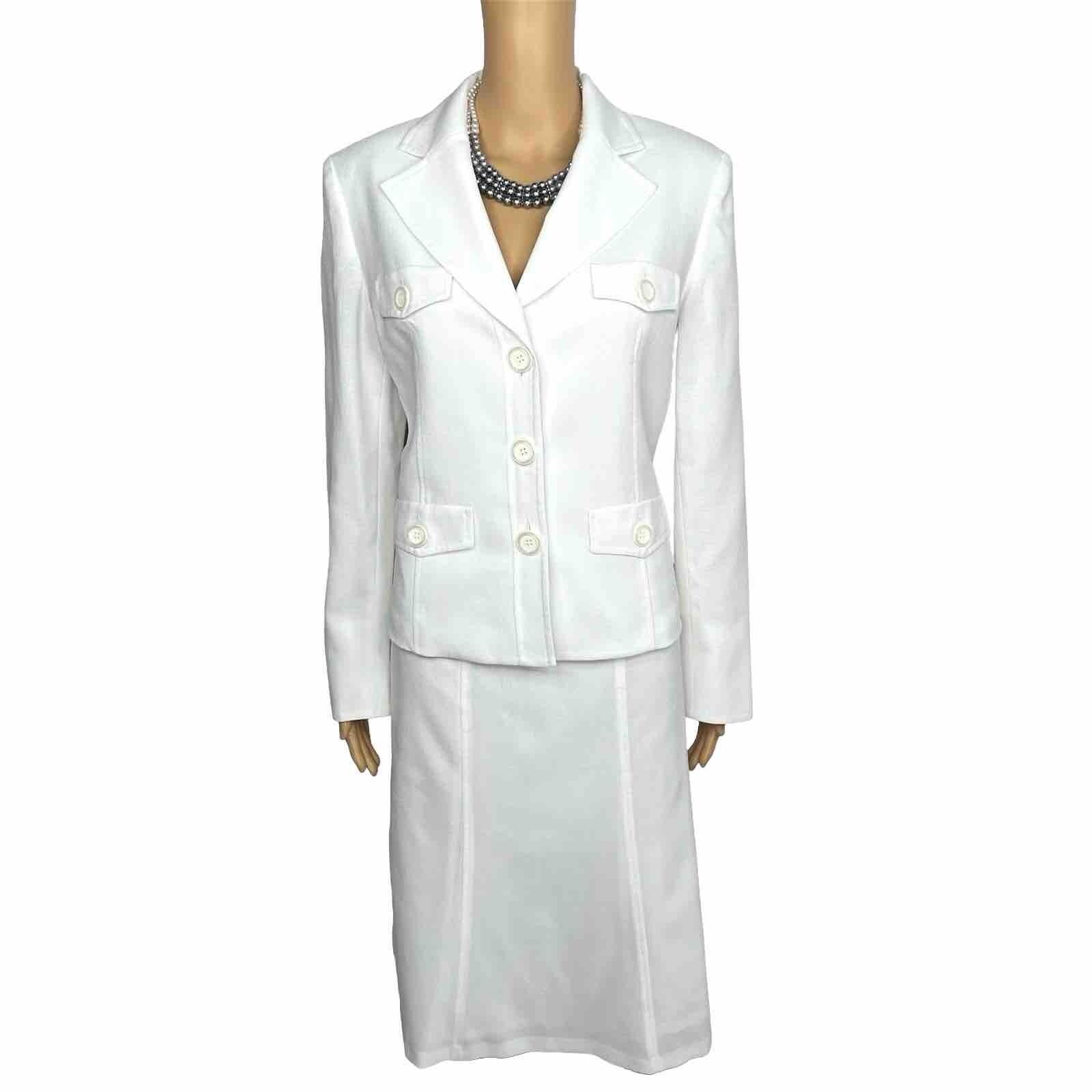 Kasper Women Polyester Skirt Suit Size 10 White Flared Notch Collar Lined 2PC