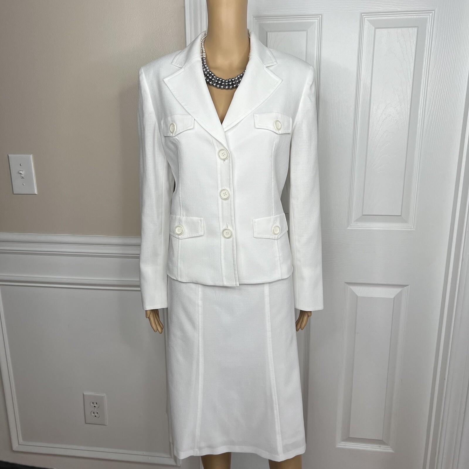 Kasper Women Polyester Skirt Suit Size 10 White Flared Notch Collar Lined 2PC
