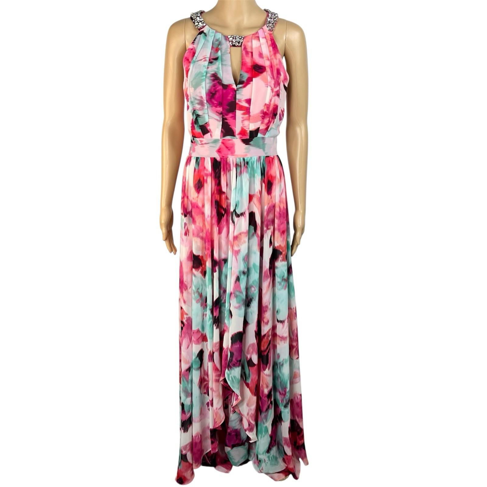 Eliza J Maxi Dress 10 Beaded Floral Print Halter Neck Ruffle Flowy Sleeveless