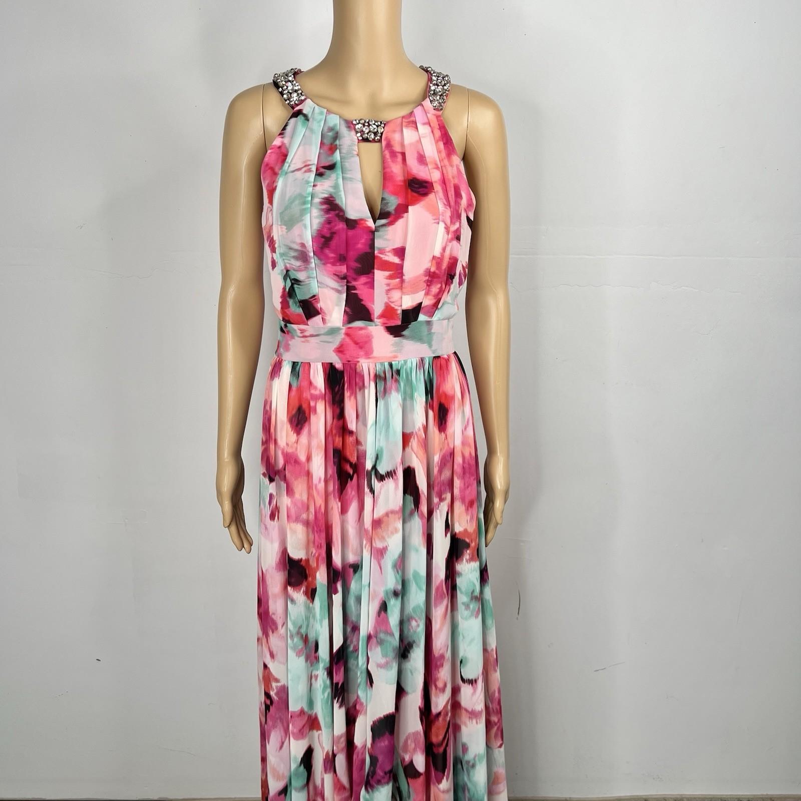 Eliza J Maxi Dress 10 Beaded Floral Print Halter Neck Ruffle Flowy Sleeveless