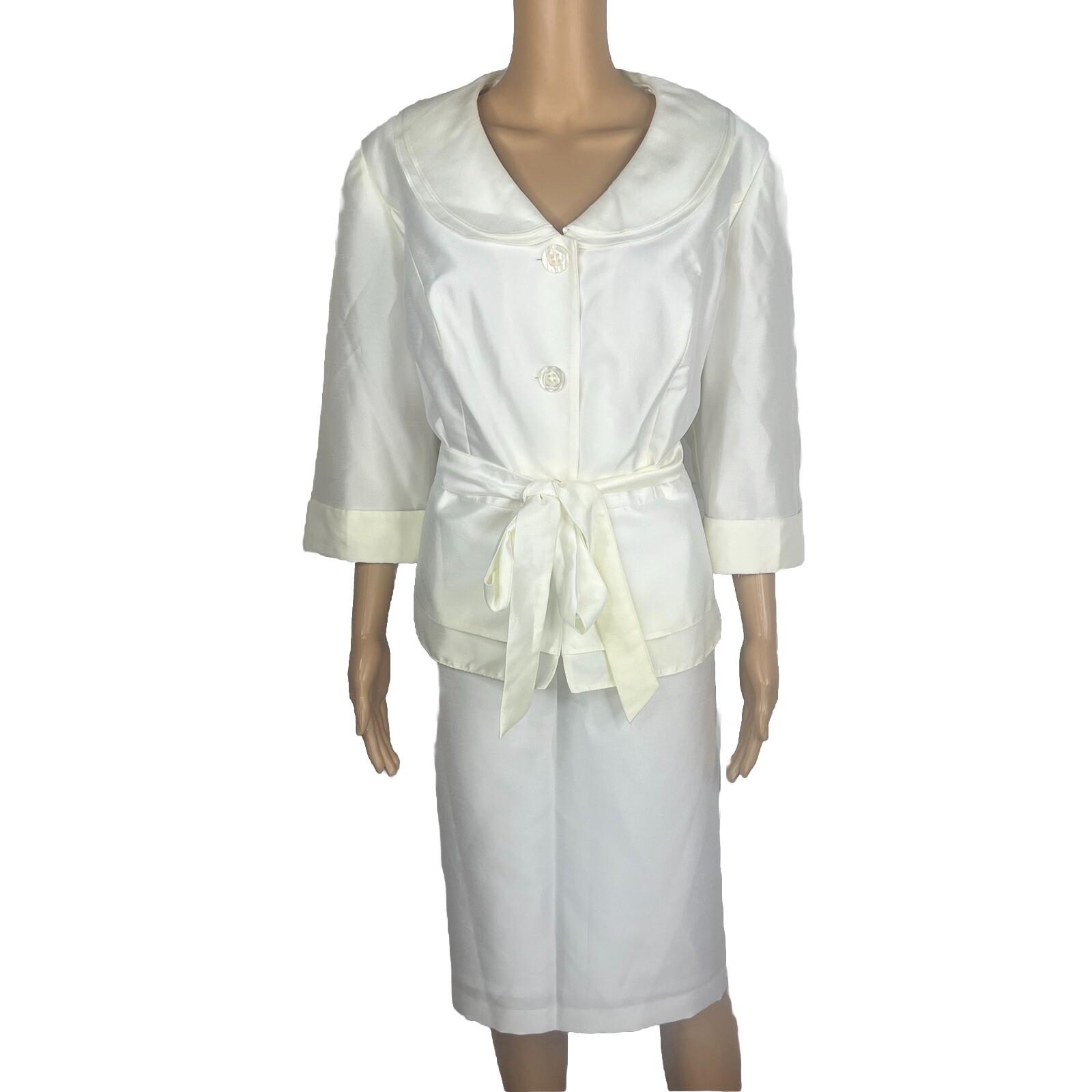 Dana Kay Polyester Skirt Suit Size 16W Off White Tiered Belted Cocktail 2PC New
