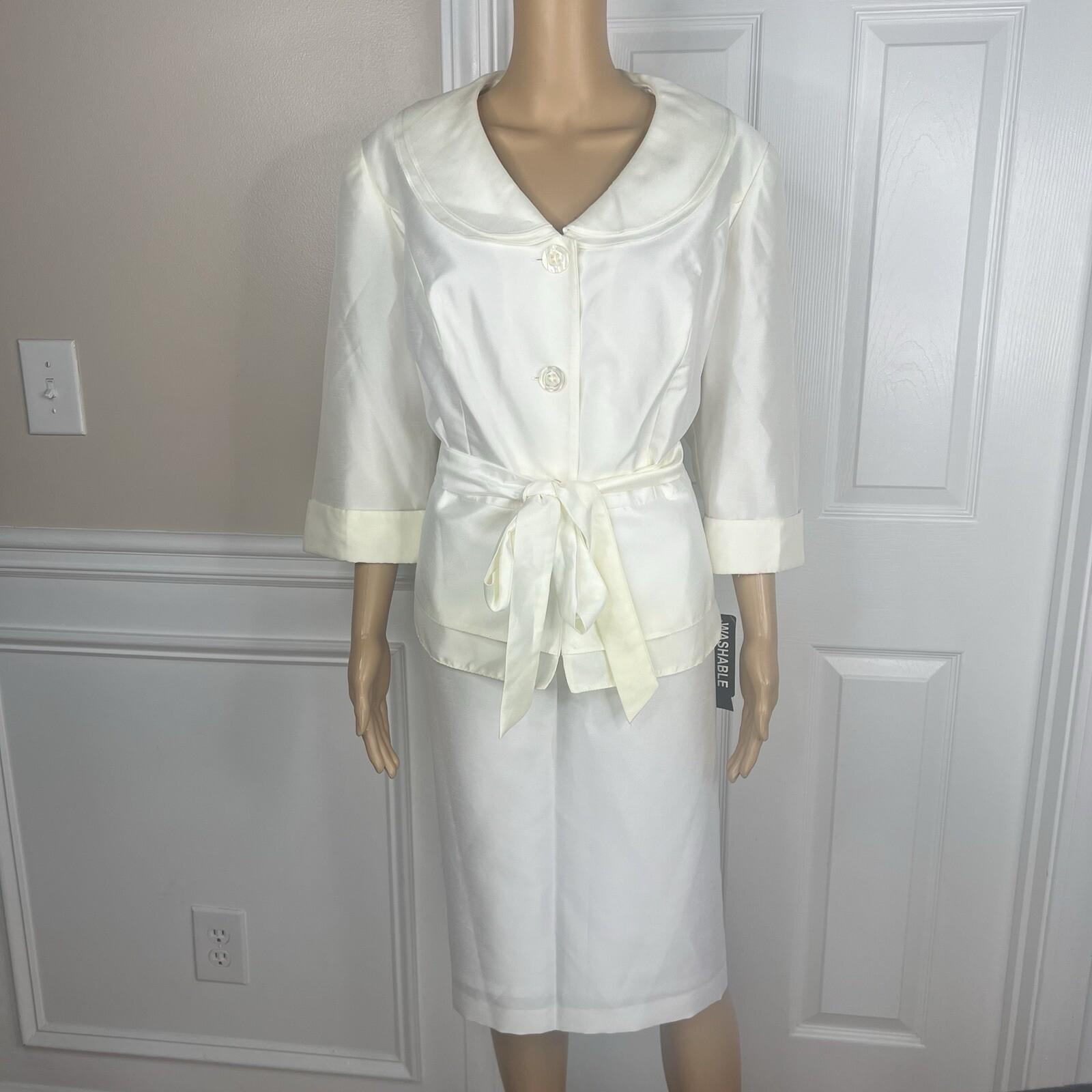 Dana Kay Polyester Skirt Suit Size 16W Off White Tiered Belted Cocktail 2PC New