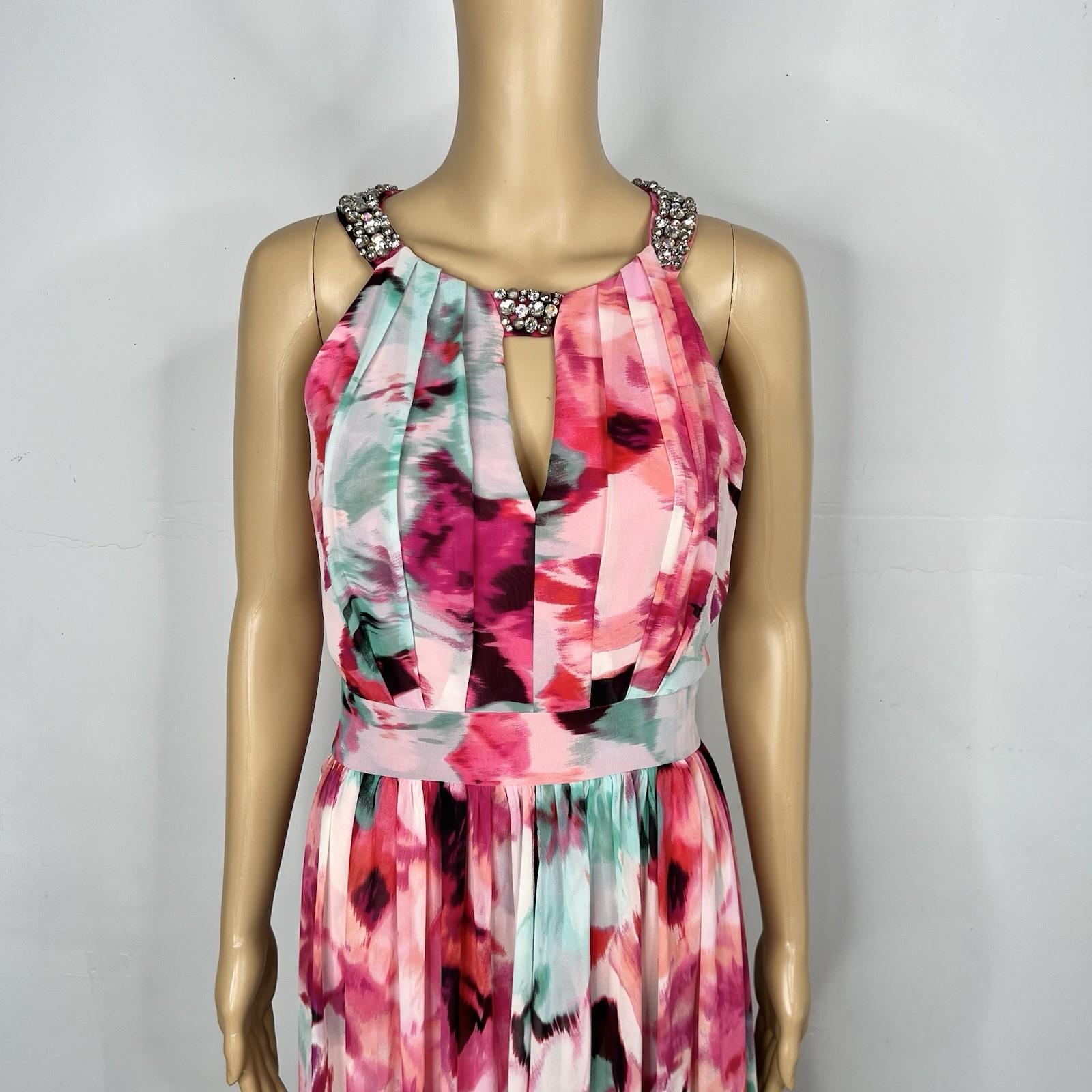 Eliza J Maxi Dress 10 Beaded Floral Print Halter Neck Ruffle Flowy Sleeveless