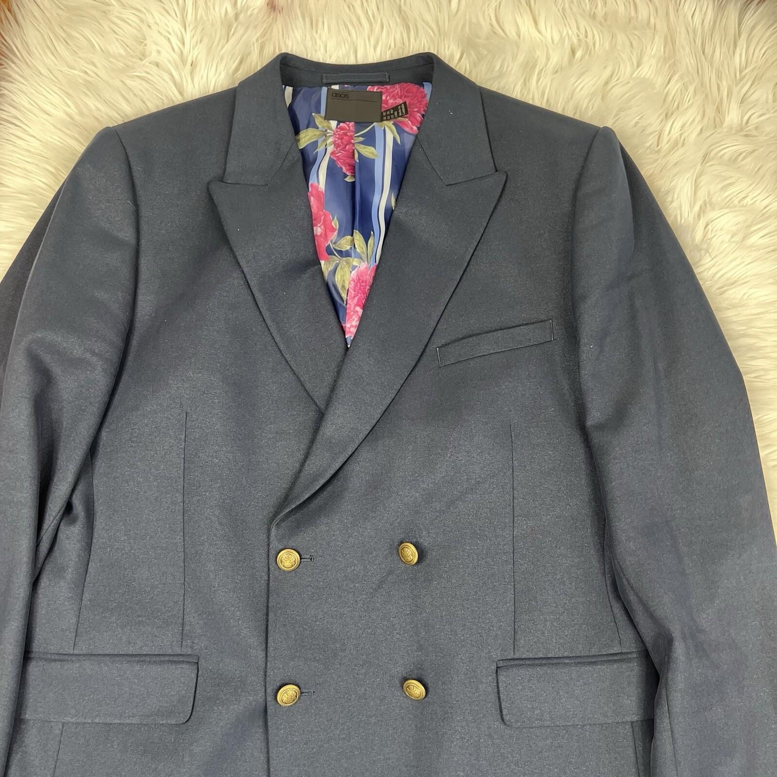 10-2859.jpg ASOS Men Polyester Viscose Stretch Blazer 46 Double Breasted Midnight Blue New